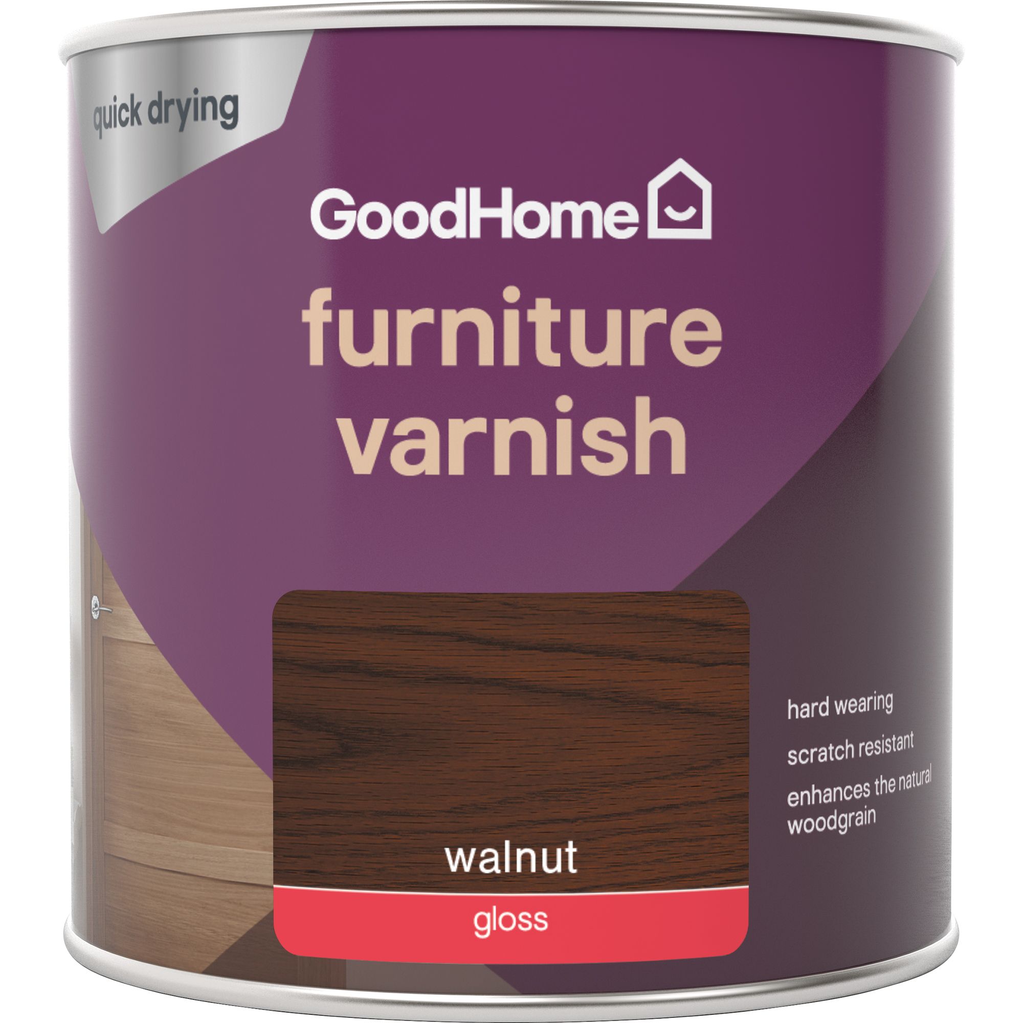 GoodHome Walnut Gloss Multi-surface Furniture Wood varnish, 250ml