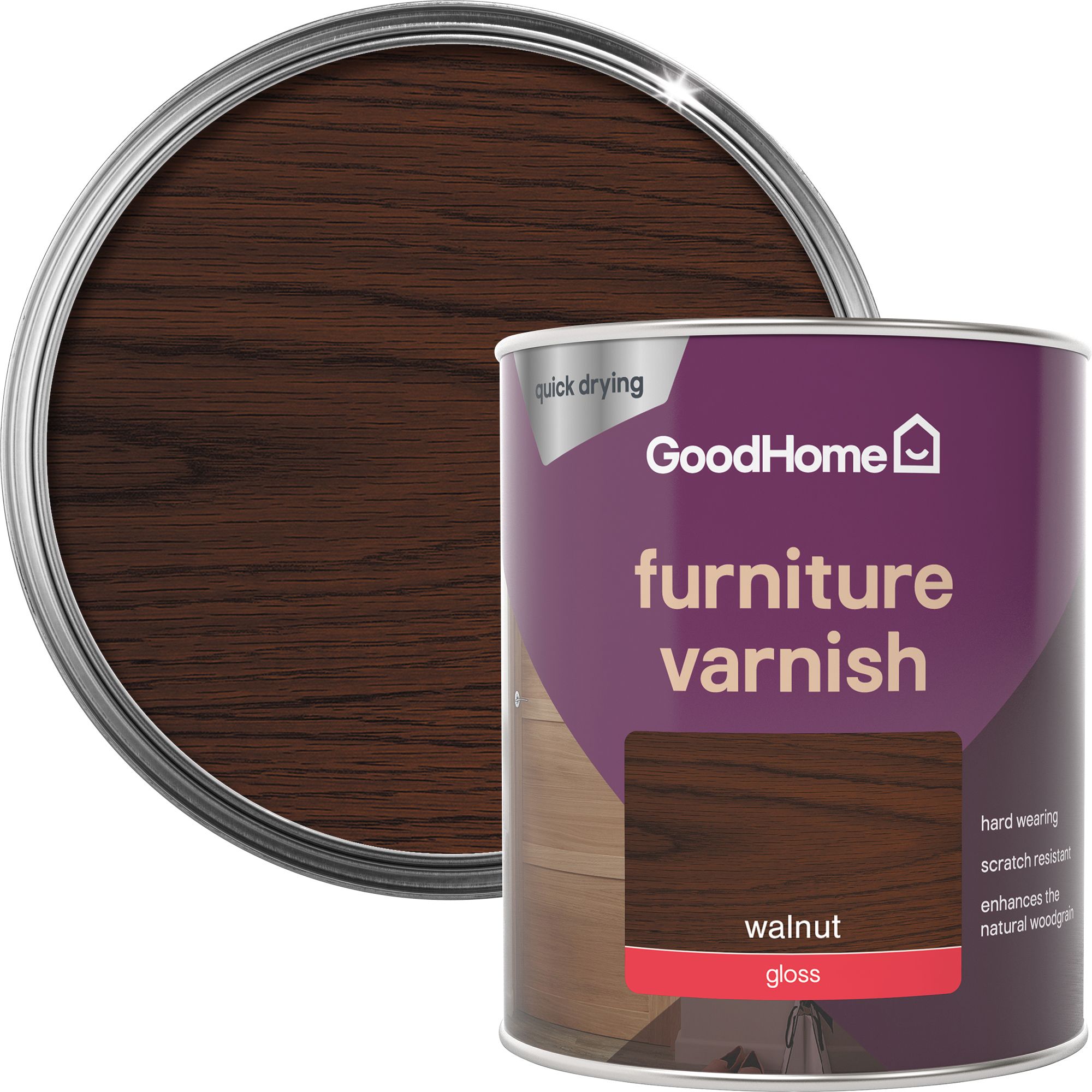 Buy GoodHome Walnut Gloss Multisurface Furniture Wood varnish, 750ml