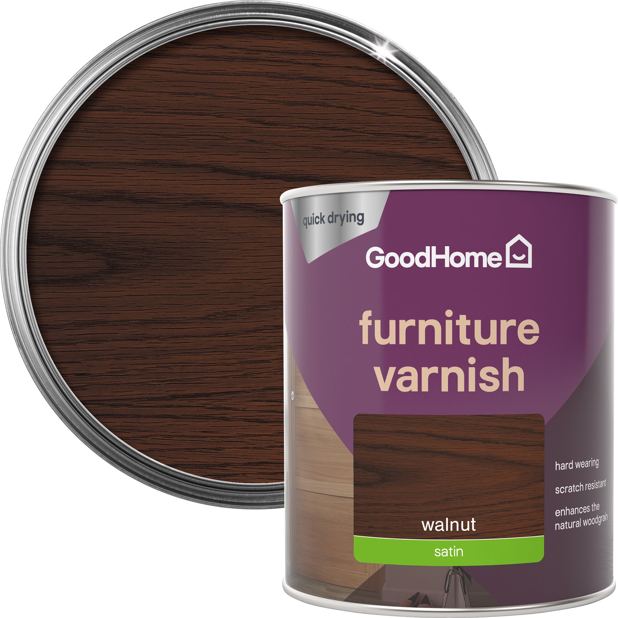 GoodHome Walnut Satin Multi-surface Furniture Wood varnish, 750ml