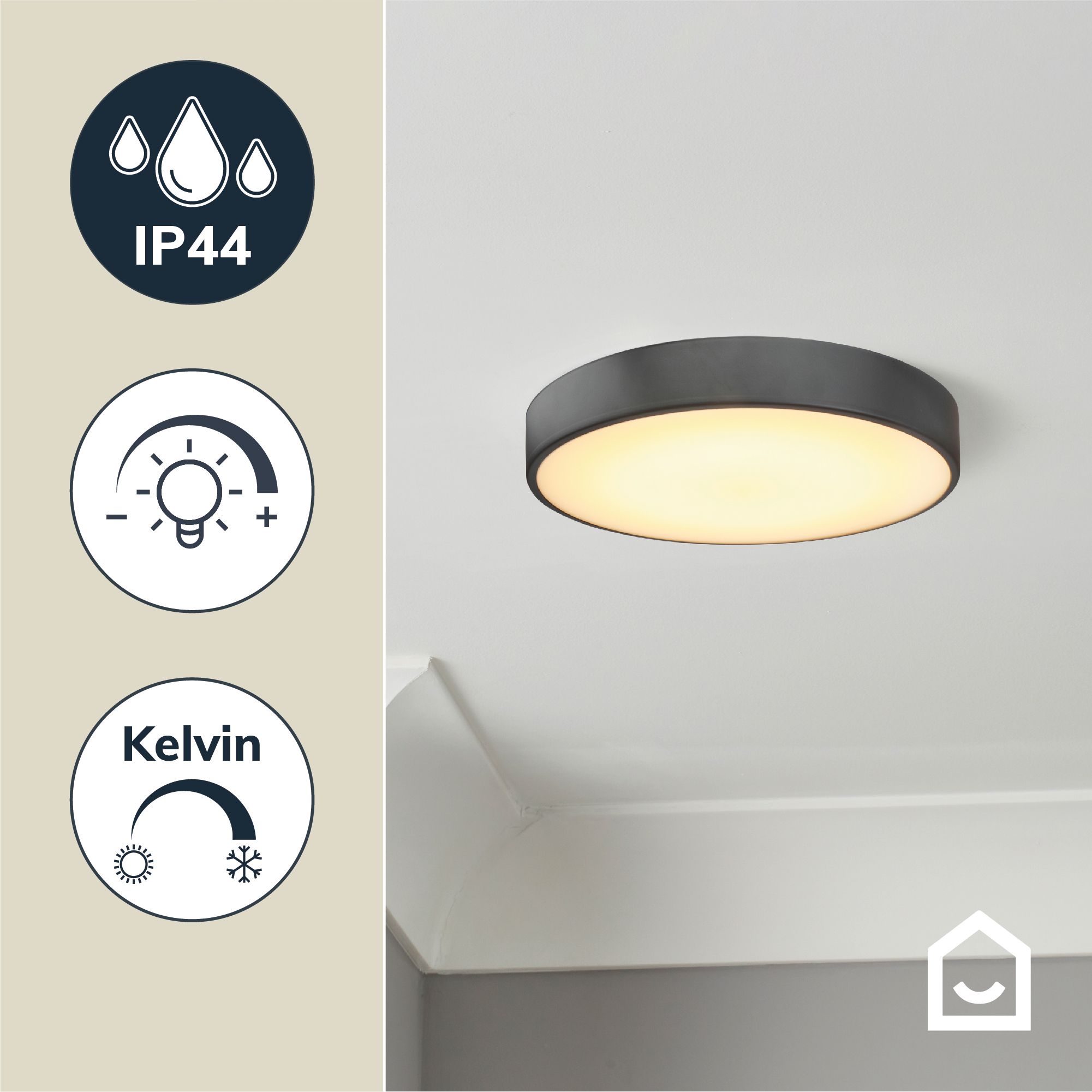 GoodHome Wapta Flush Matt Metal & plastic Black Bathroom LED Ceiling light