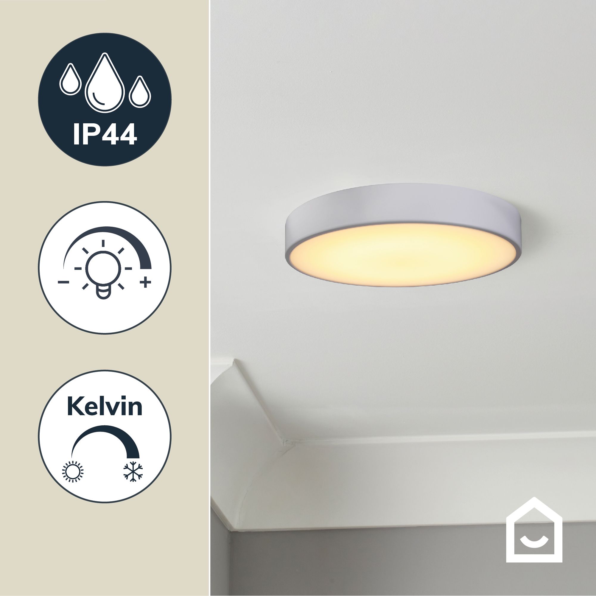 GoodHome Wapta Flush Matt Metal & plastic White Bathroom LED Ceiling light