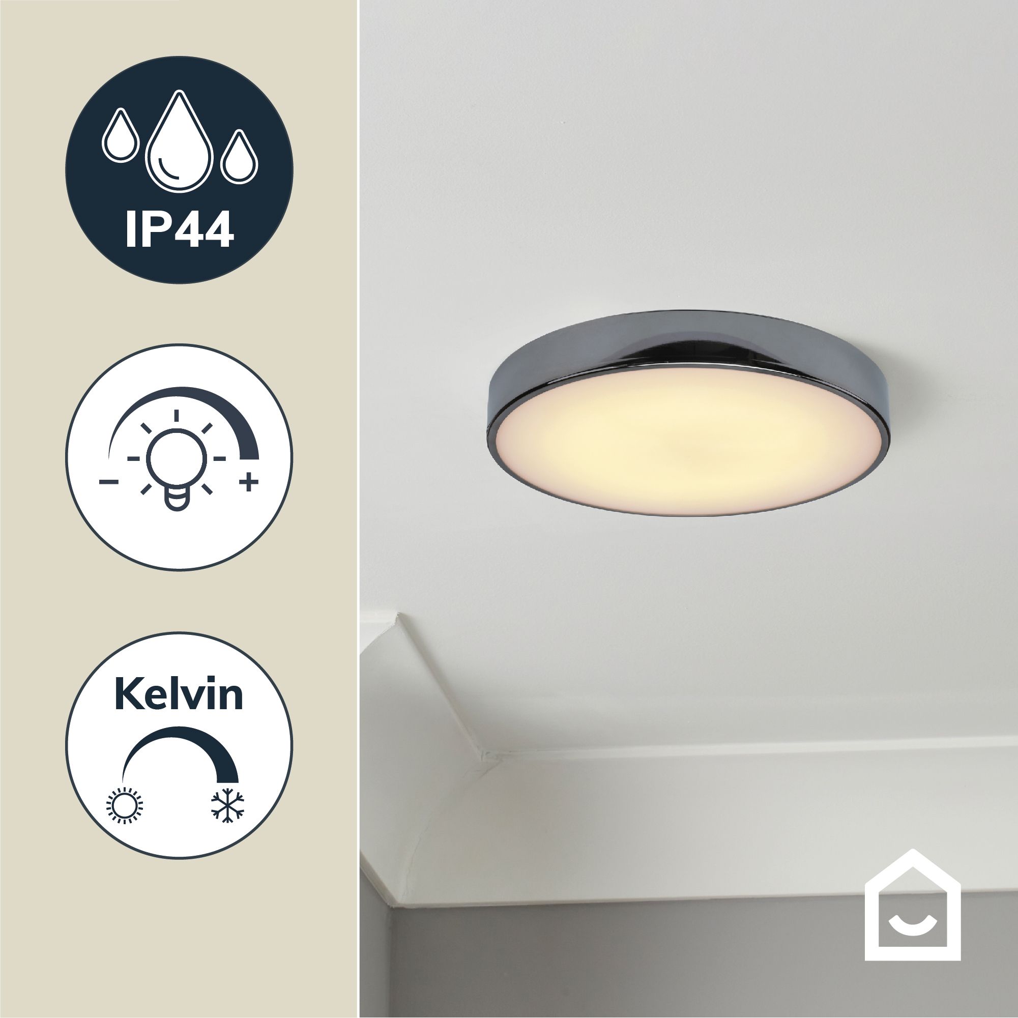 GoodHome Wapta Flush Metal & plastic Chrome effect Bathroom LED Ceiling light
