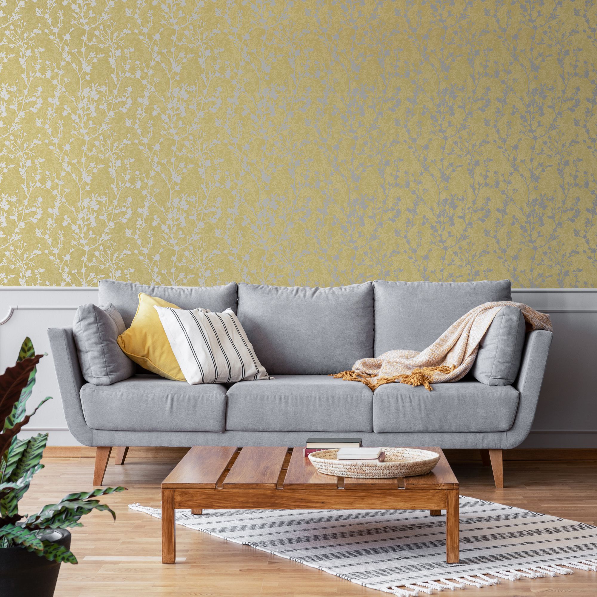 GoodHome Wavendon Yellow Silver effect Sprig Textured Wallpaper - 5