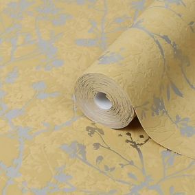 GoodHome Wavendon Yellow Sprig Silver effect Textured Wallpaper