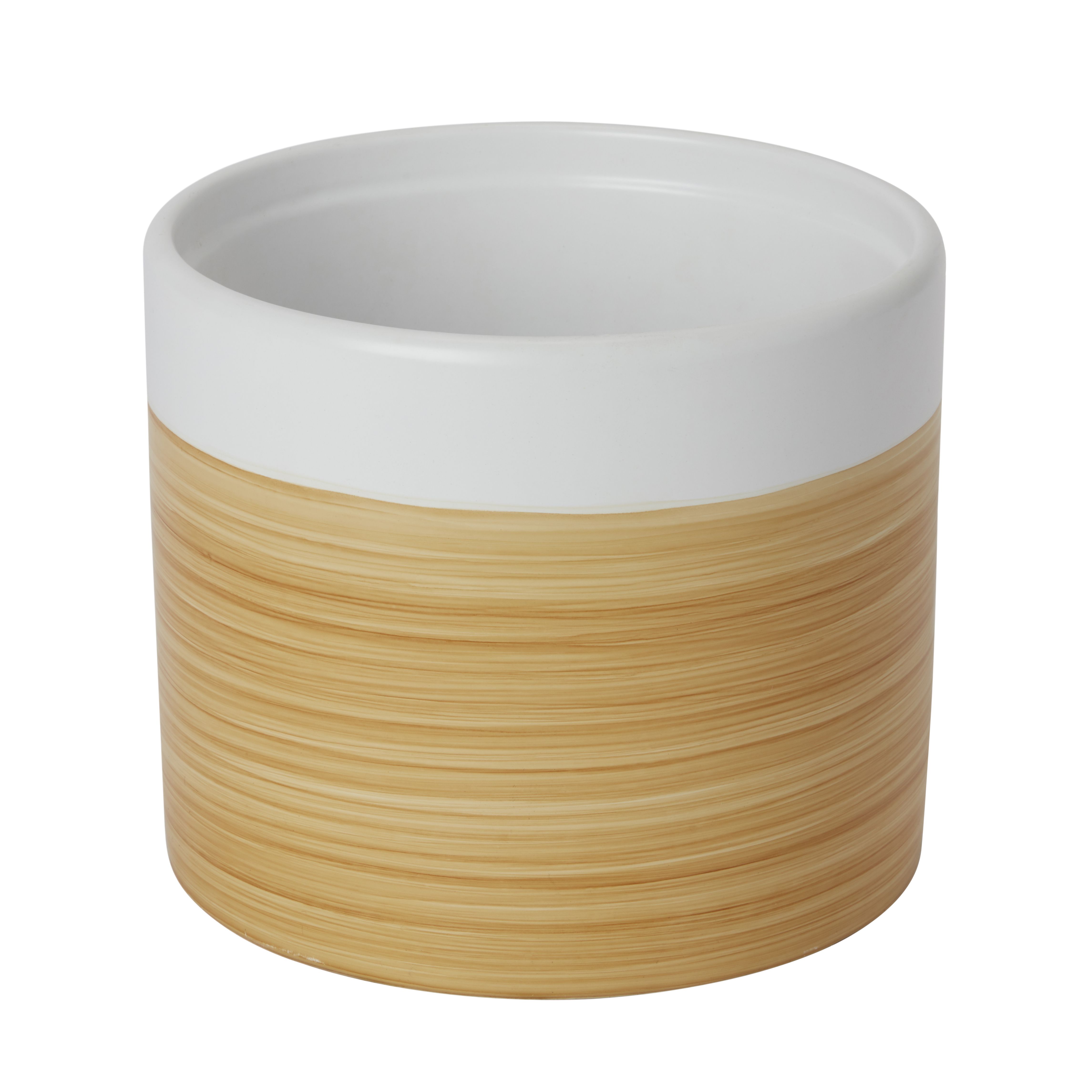 GoodHome White Ceramic Wood effect Circular Plant pot (Dia) 16.8cm, (H)14.5cm, 1.9L