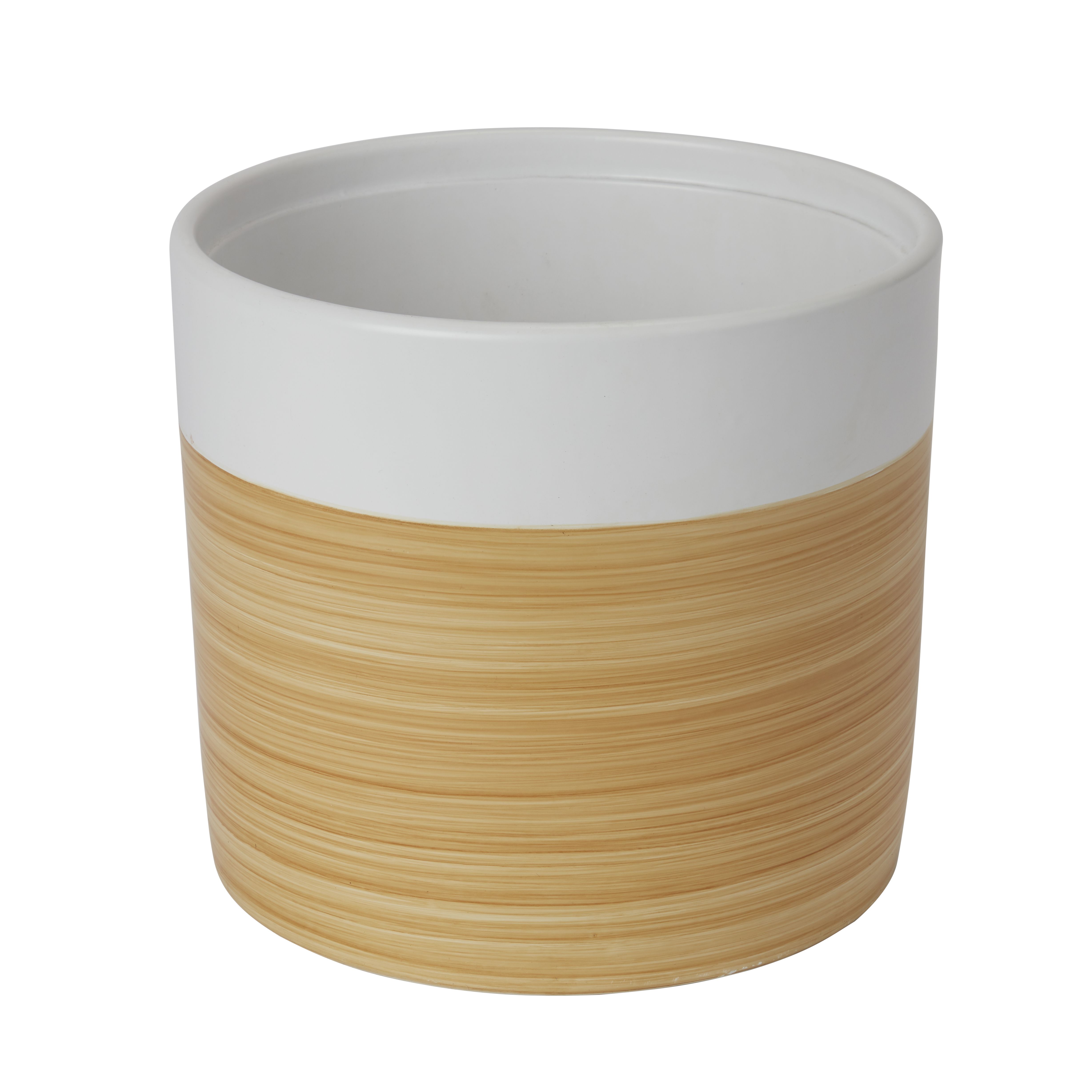 GoodHome White Clay Wood effect Circular Plant pot (Dia) 22.5cm, (H)20cm, 5.2L