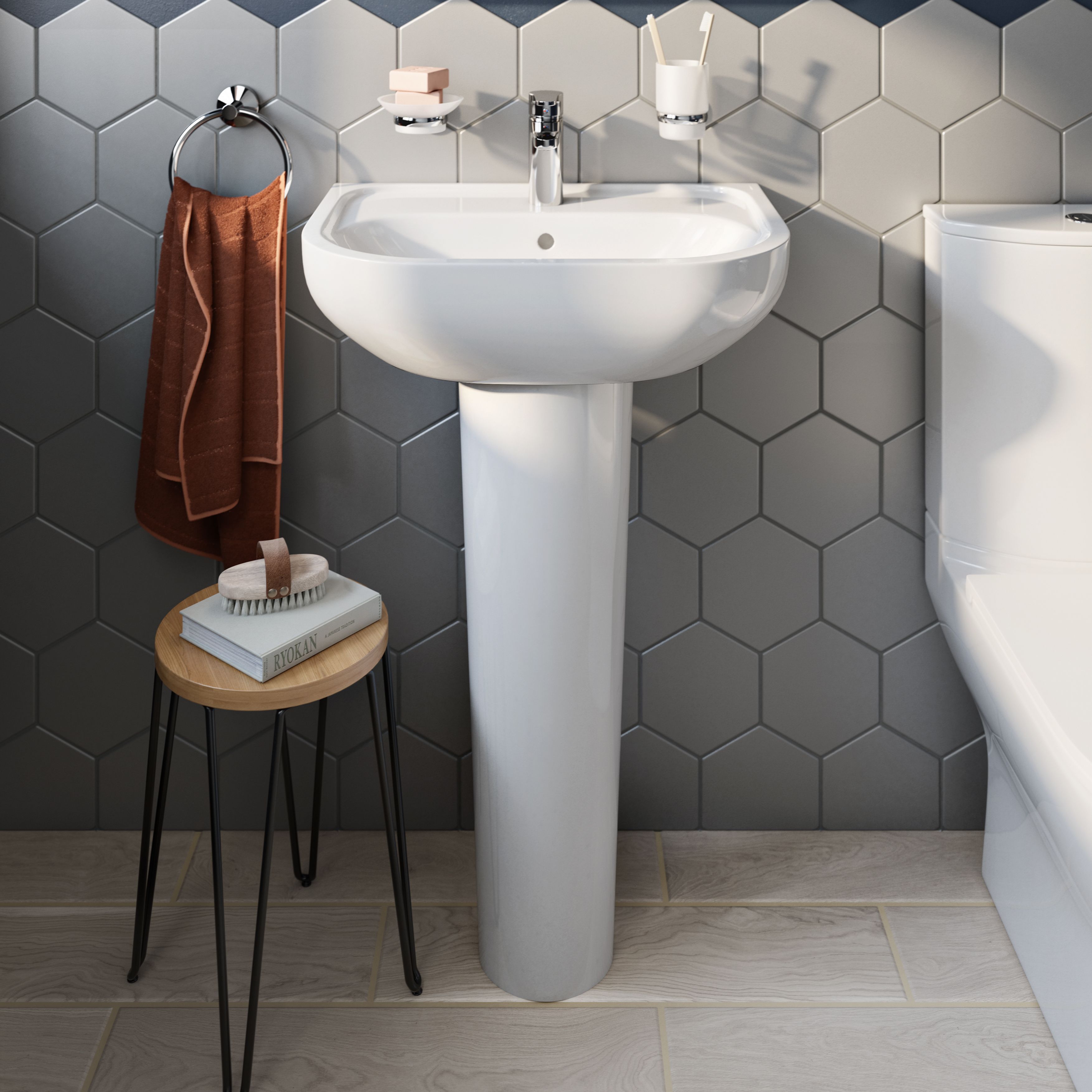 GoodHome White Close-coupled Floor-mounted Toilet & full pedestal basin (W)370mm (H)830mm