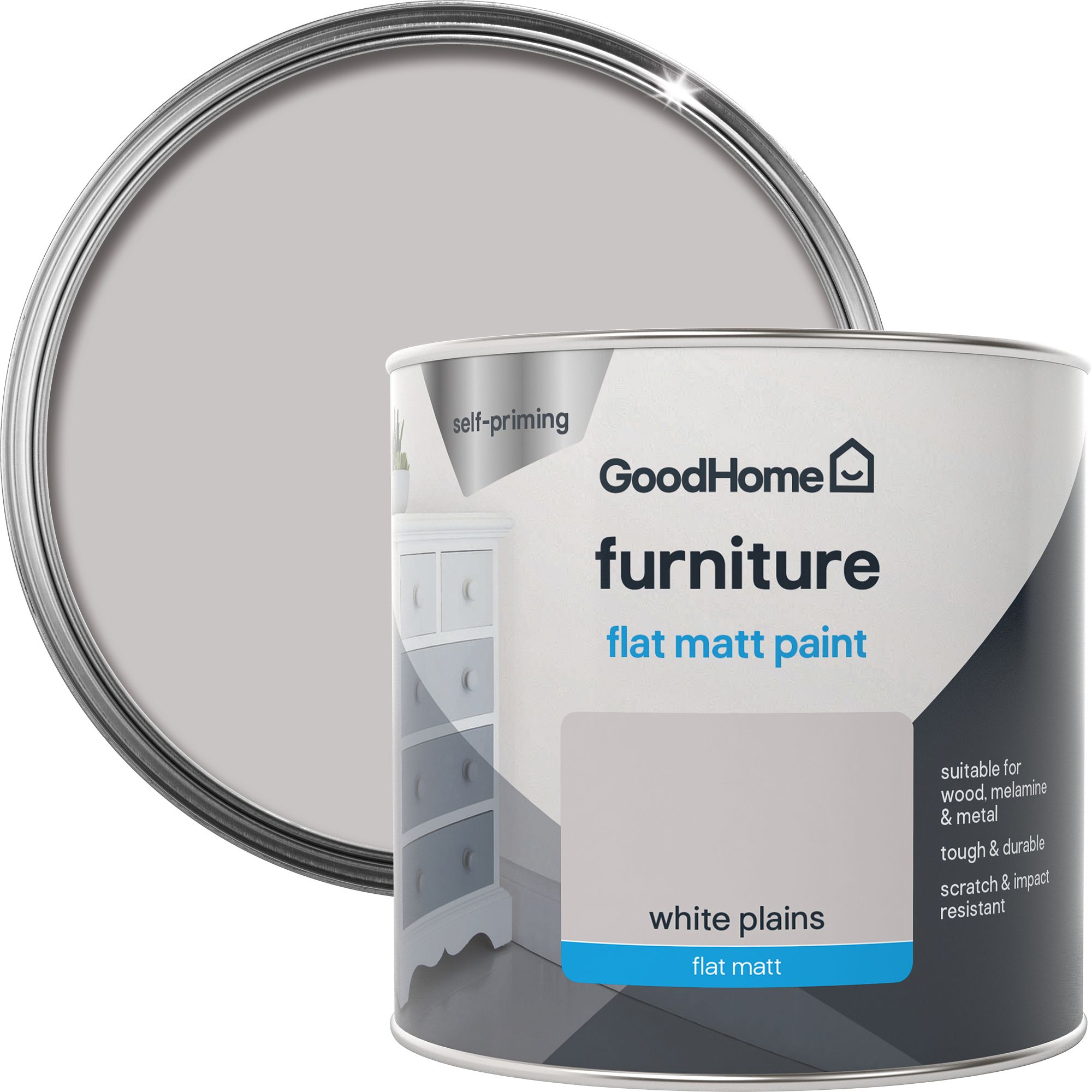 GoodHome White plains Flat matt Furniture paint, 500ml DIY at B&Q