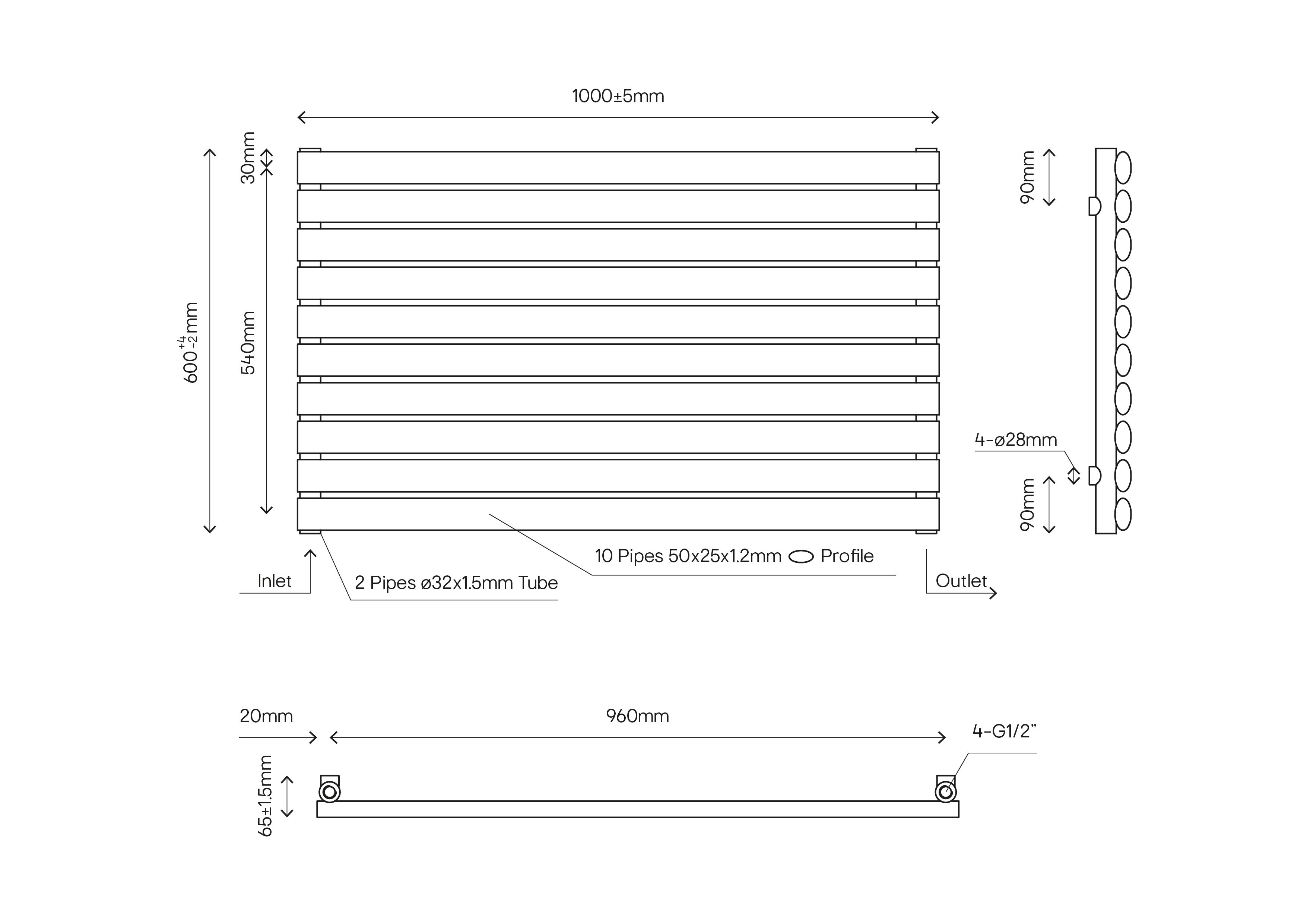 GoodHome Wickham Anthracite Thermodynamic Horizontal Designer 2189BTU Radiator, (W)1000mm x (H)600mm
