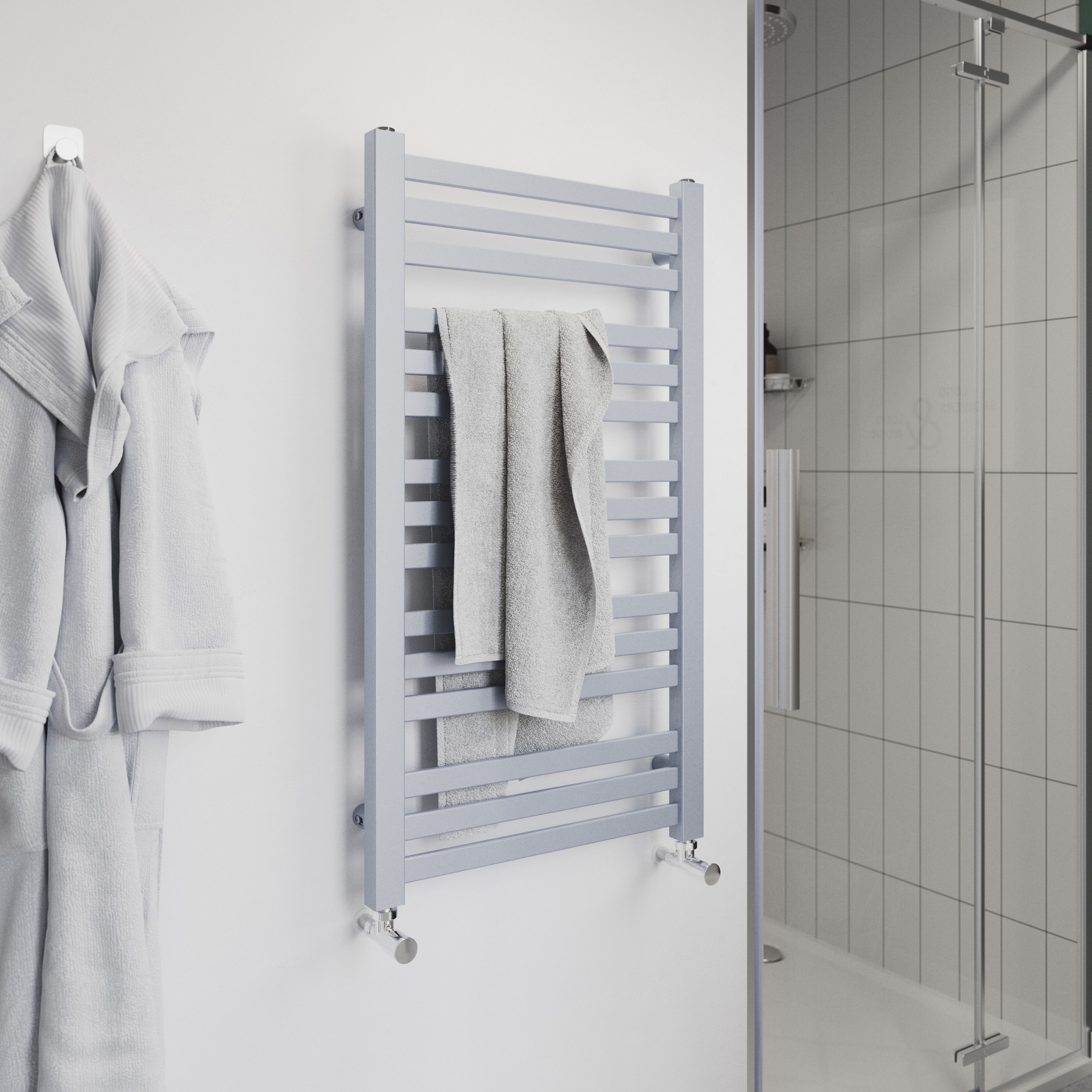GoodHome Wolfsbane Silver effect 1381BTU Vertical Towel radiator (W)500mm x (H)900mm