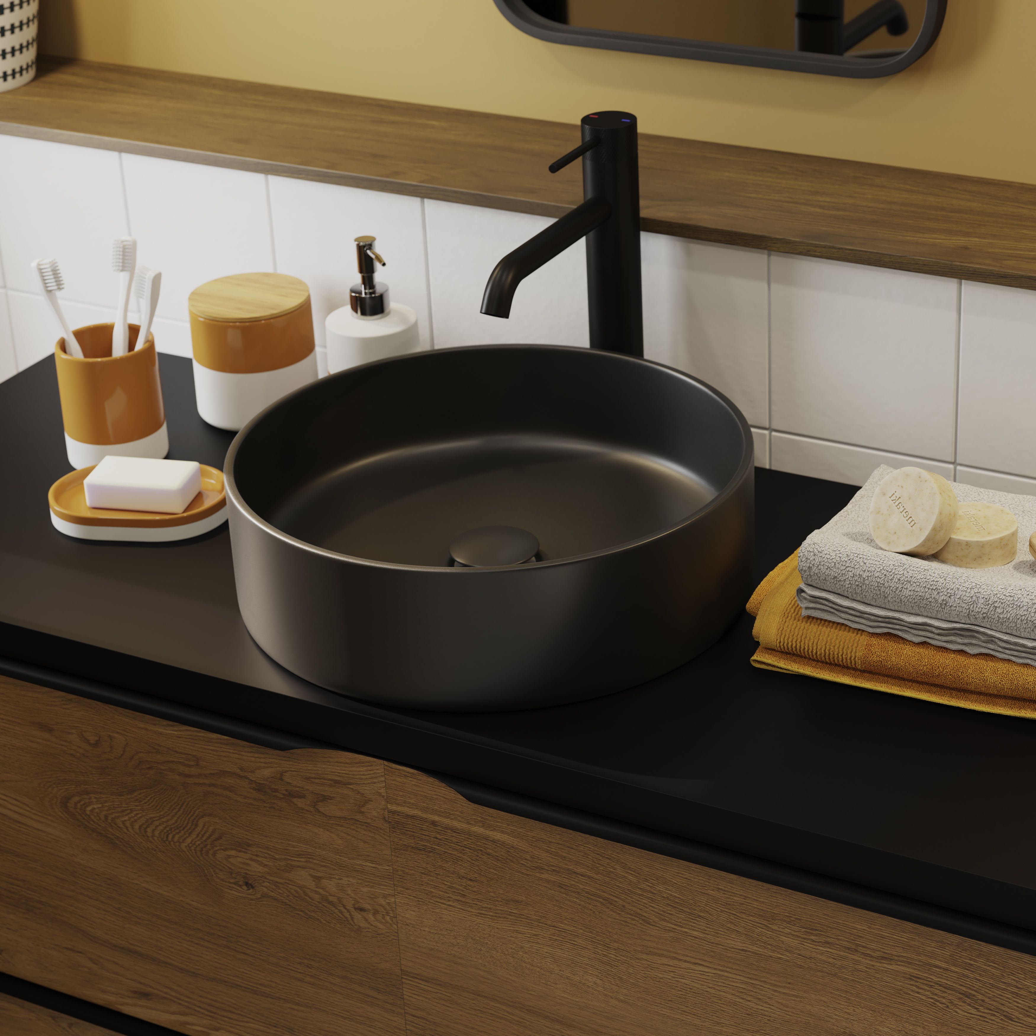 GoodHome XL Matt Black Round Deck-mounted Manual Basin Mono mixer Tap - 6