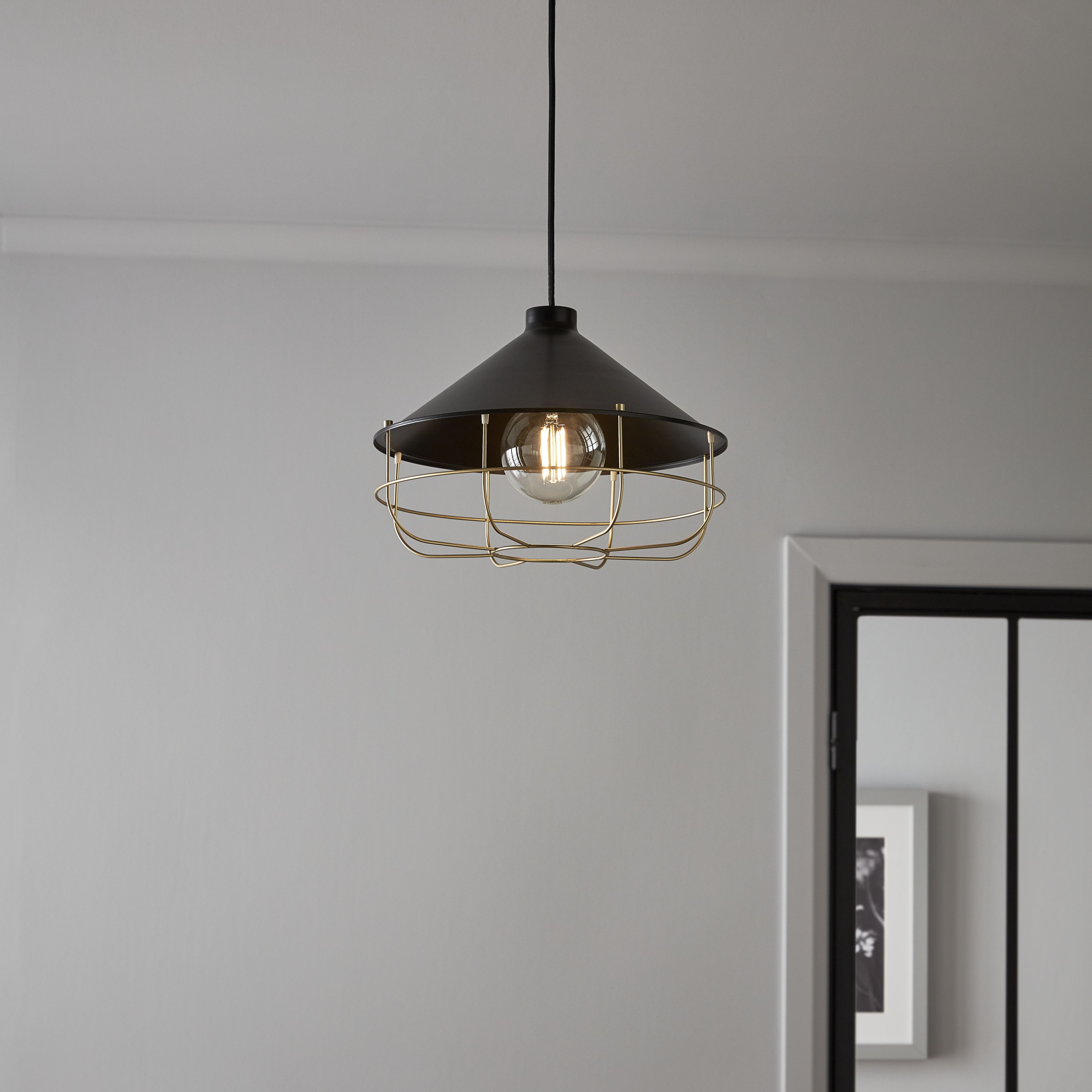 GoodHome Yondair Matt Black Brass effect Pendant ceiling light, (Dia)320mm