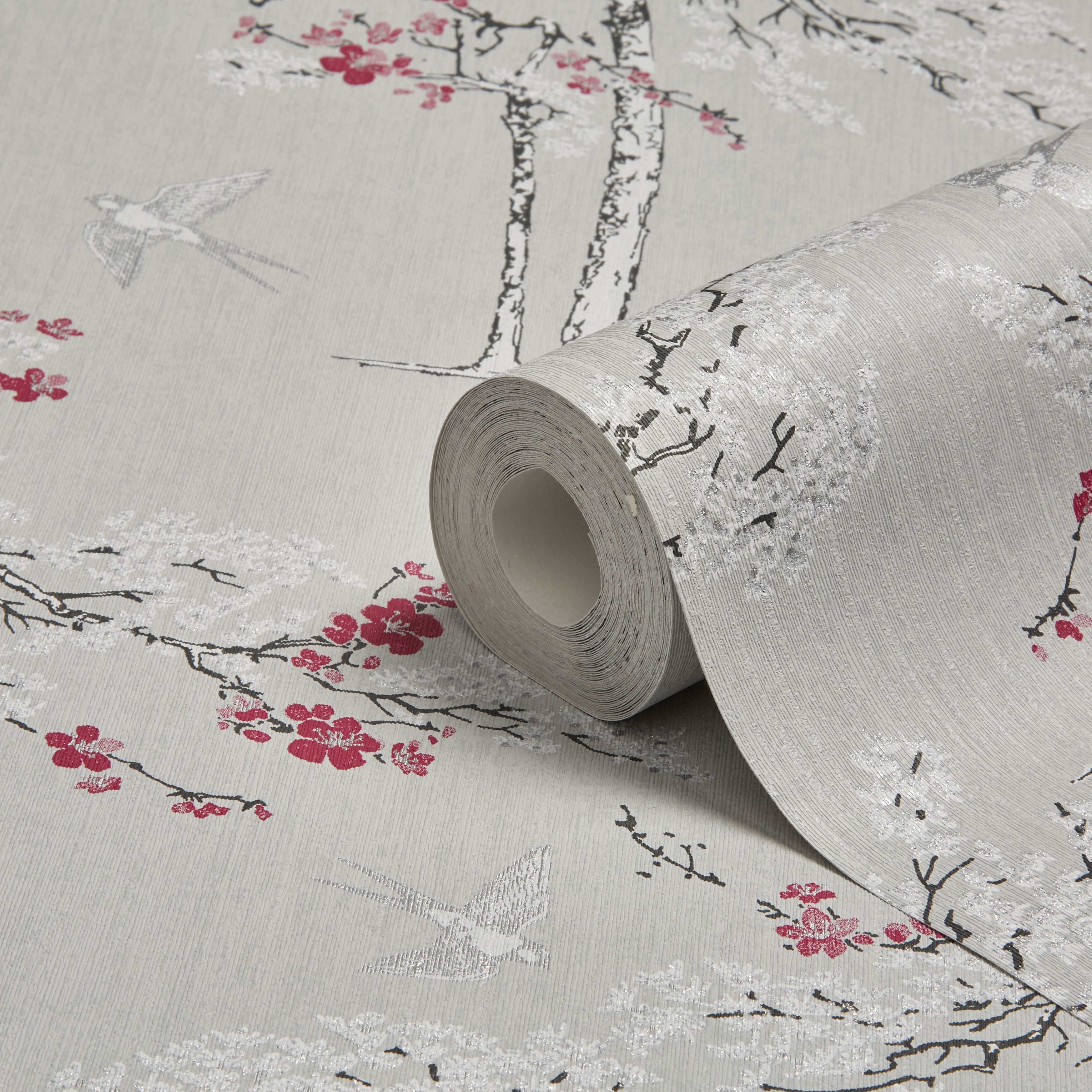 GoodHome Zumrut Grey & plum Birds & foliage Textured Wallpaper DIY at B&Q
