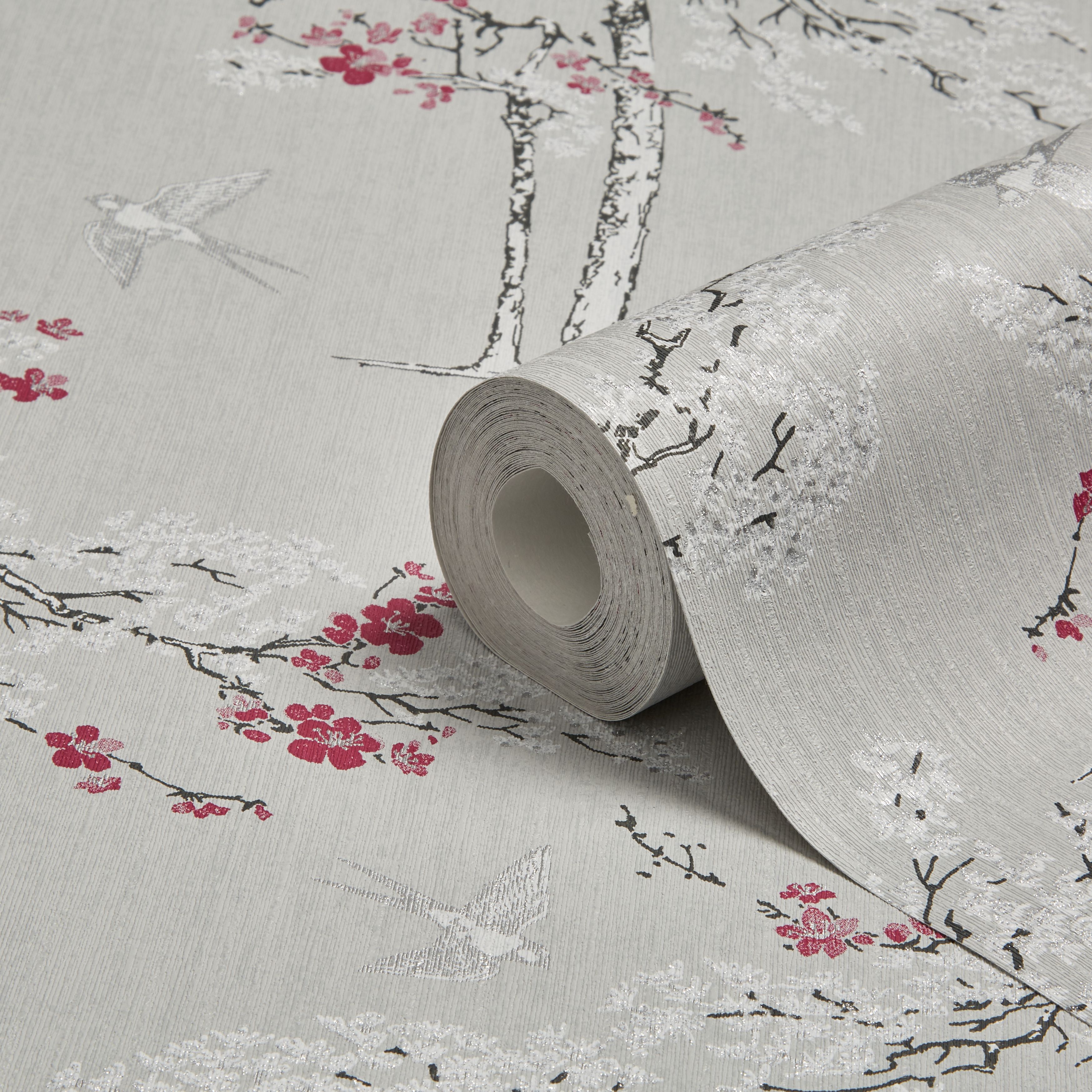 GoodHome Zumrut Grey & plum Birds & foliage Textured Wallpaper