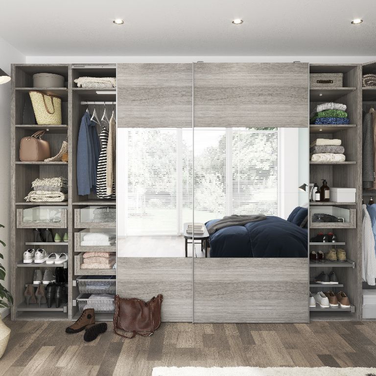 GoodHomeAtomia Contemporary Panelled Mirrored Matt grey oak effect Matt 8 door Sliding Wardrobe Door kit (H)2250mm (W)1500mm