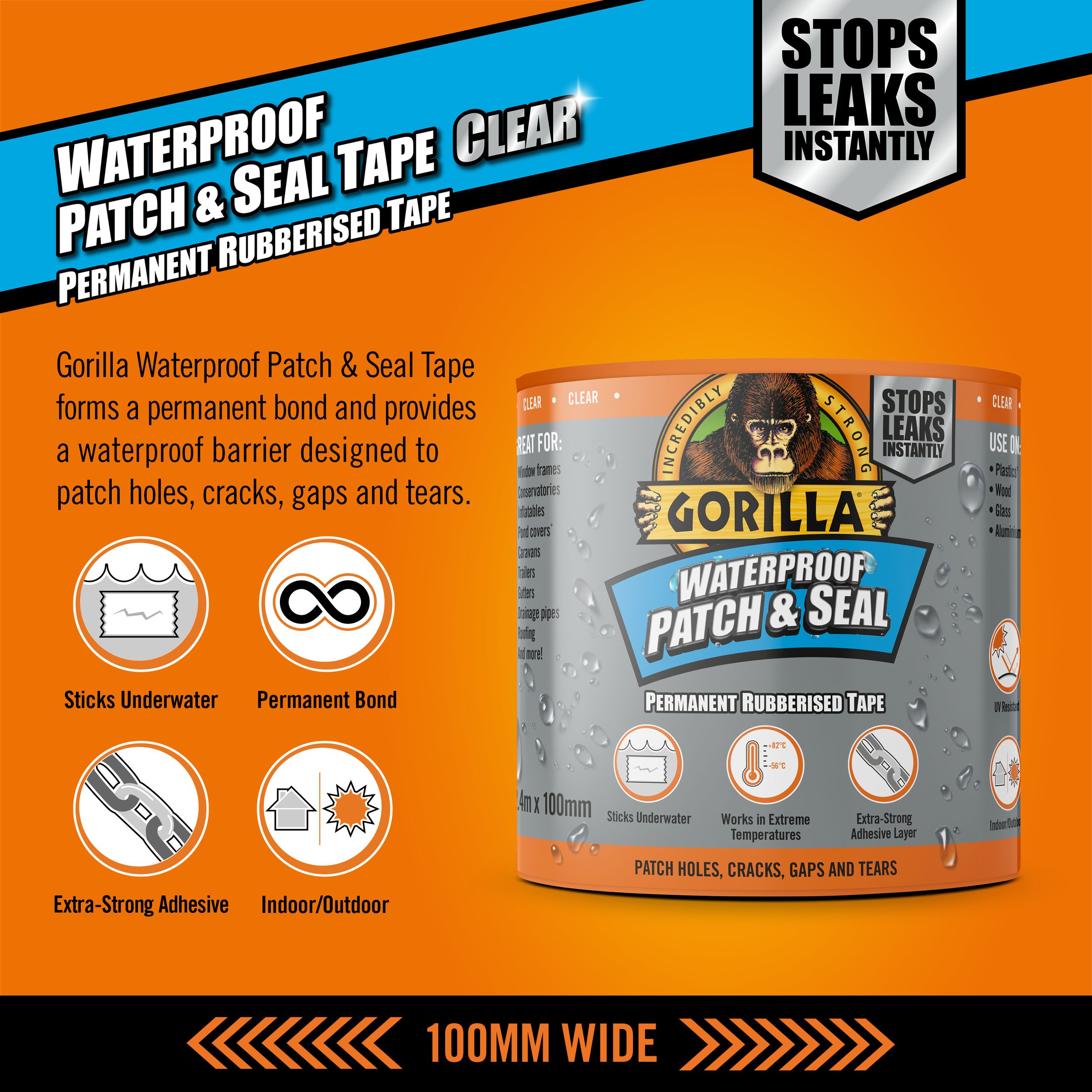 Gorilla Patch & Seal Clear Waterproof Sealing tape (L)2.4m (W)100mm