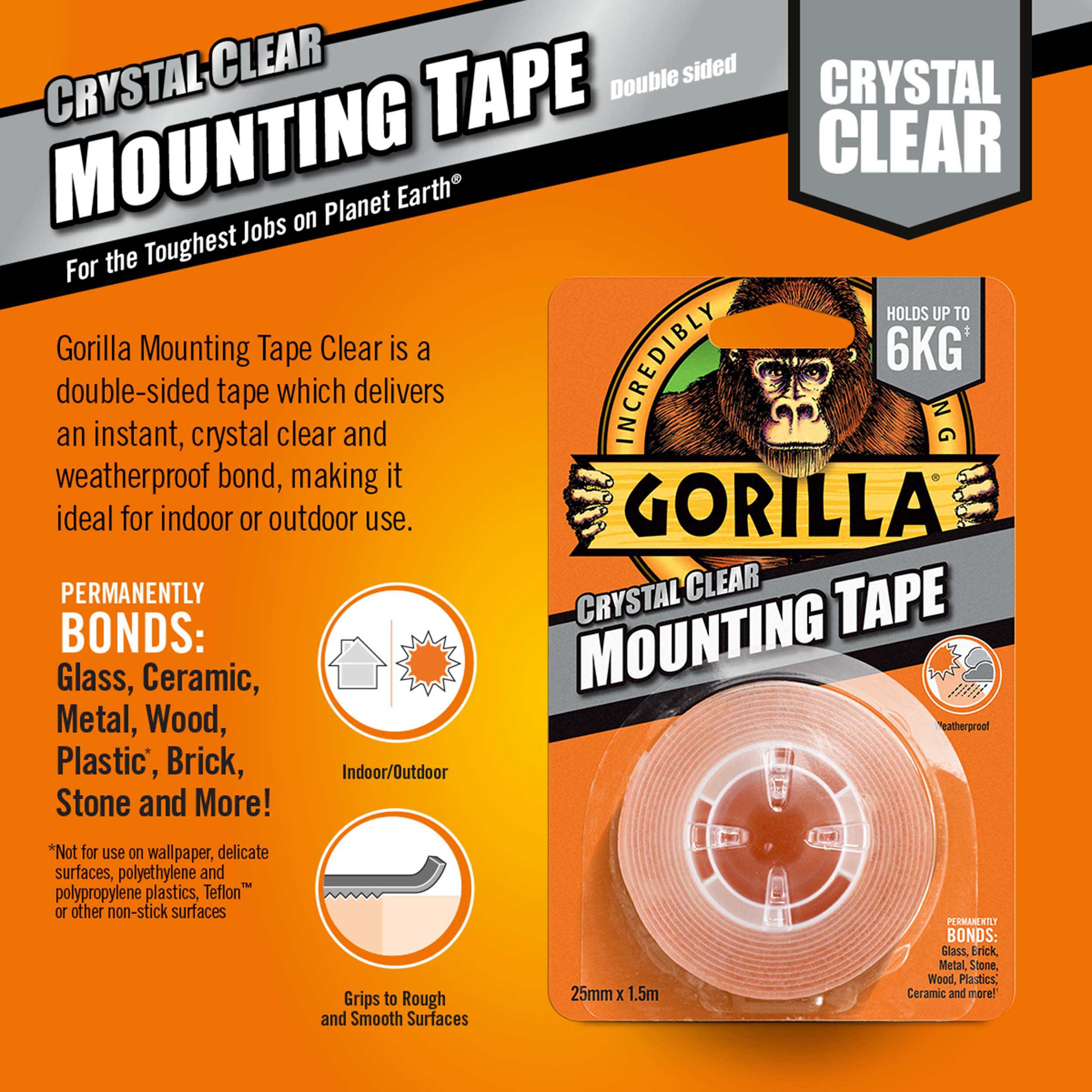 Gorilla Transparent Mounting Tape (L)1.5m (W)25.4mm