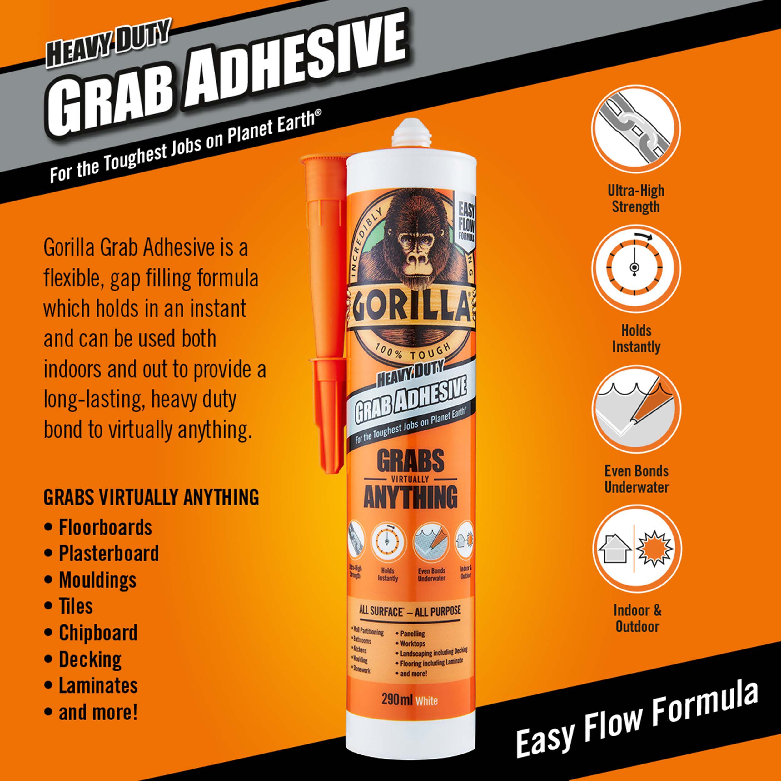 Gorilla White Waterproof Grab adhesive 558g, Volume 290ml
