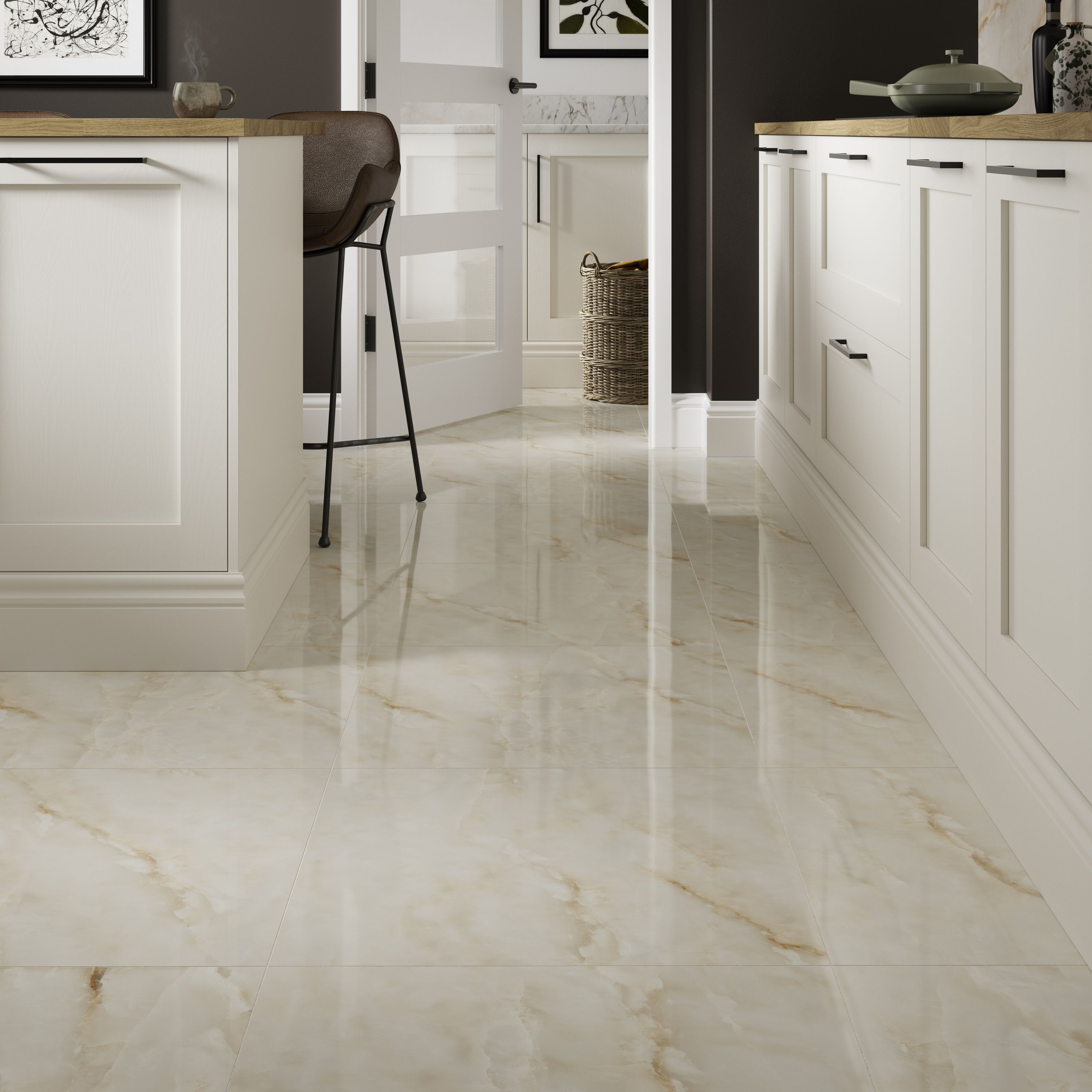 Grace Beige Polished Onyx Marble effect Porcelain Indoor Wall & floor Tile, Pack of 3, (L)600mm (W)600mm