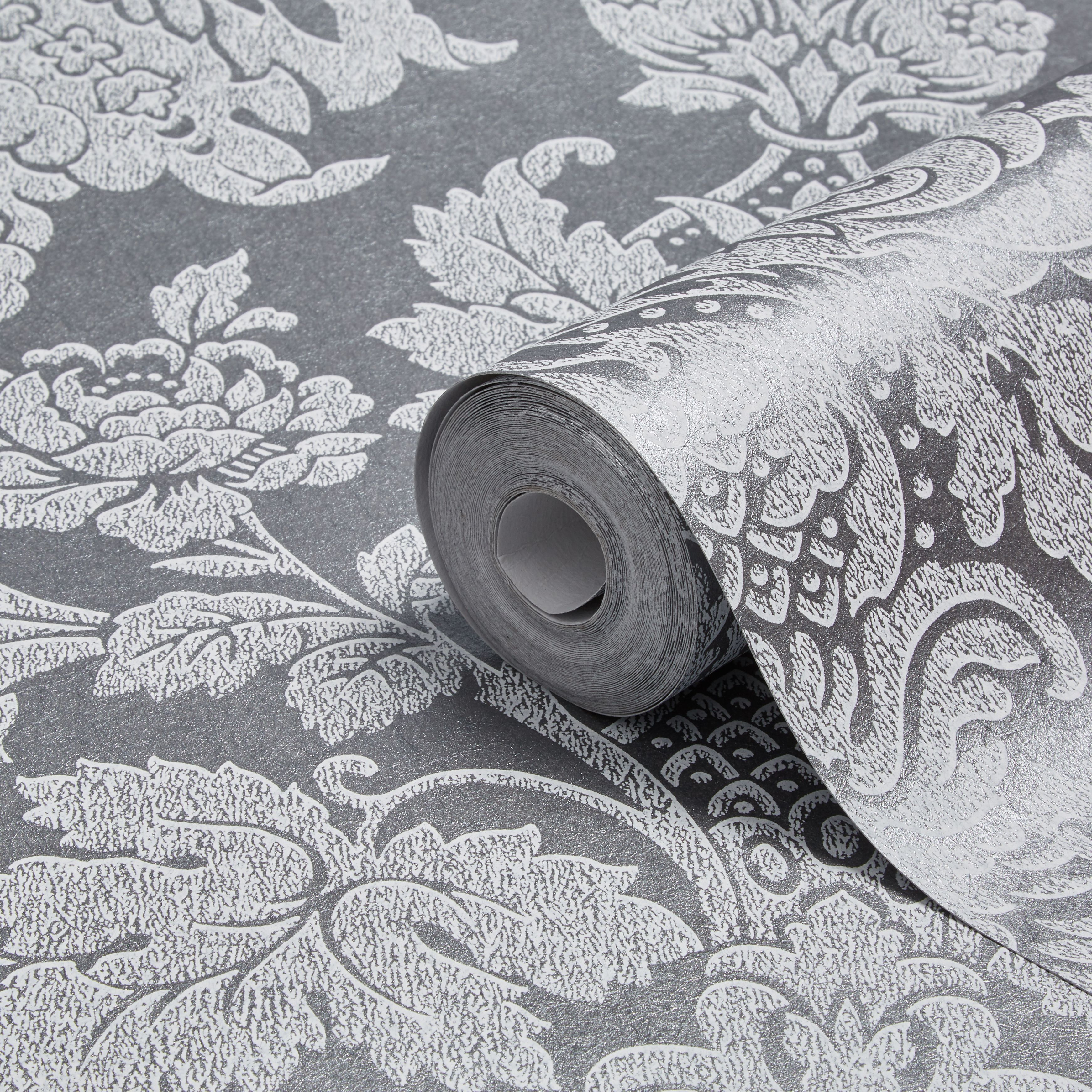 Graham & Brown Boutique Buckingham Damask Silver Effect Textured ...