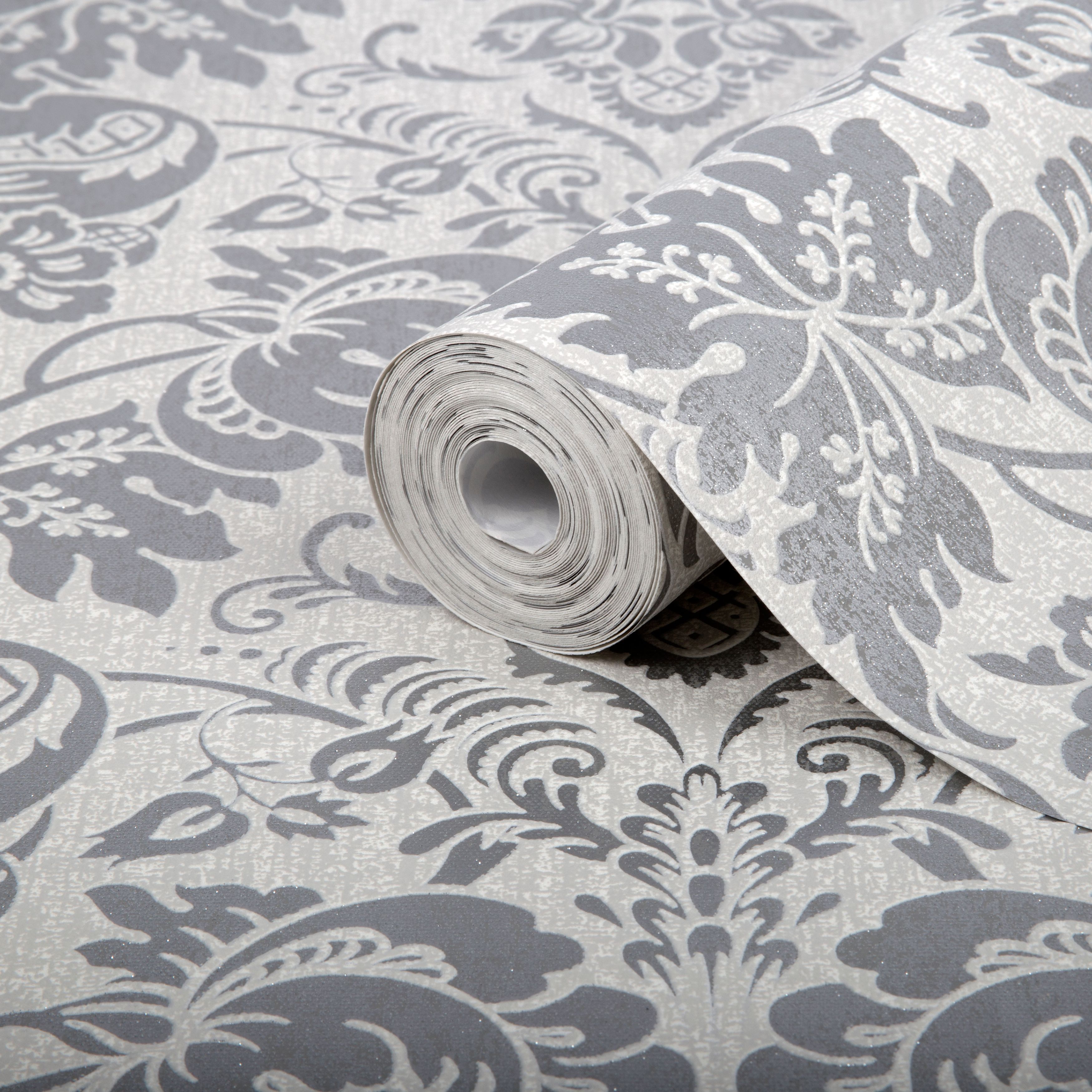 Graham & Brown Superfresco Easy Damask Silver Glitter Effect Embossed ...