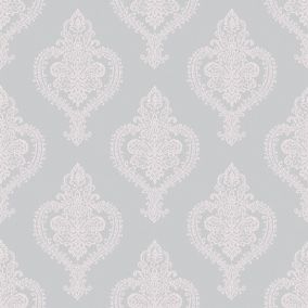 Grandeco Adalyn Blush grey Damask Mica effect Embossed Wallpaper Sample