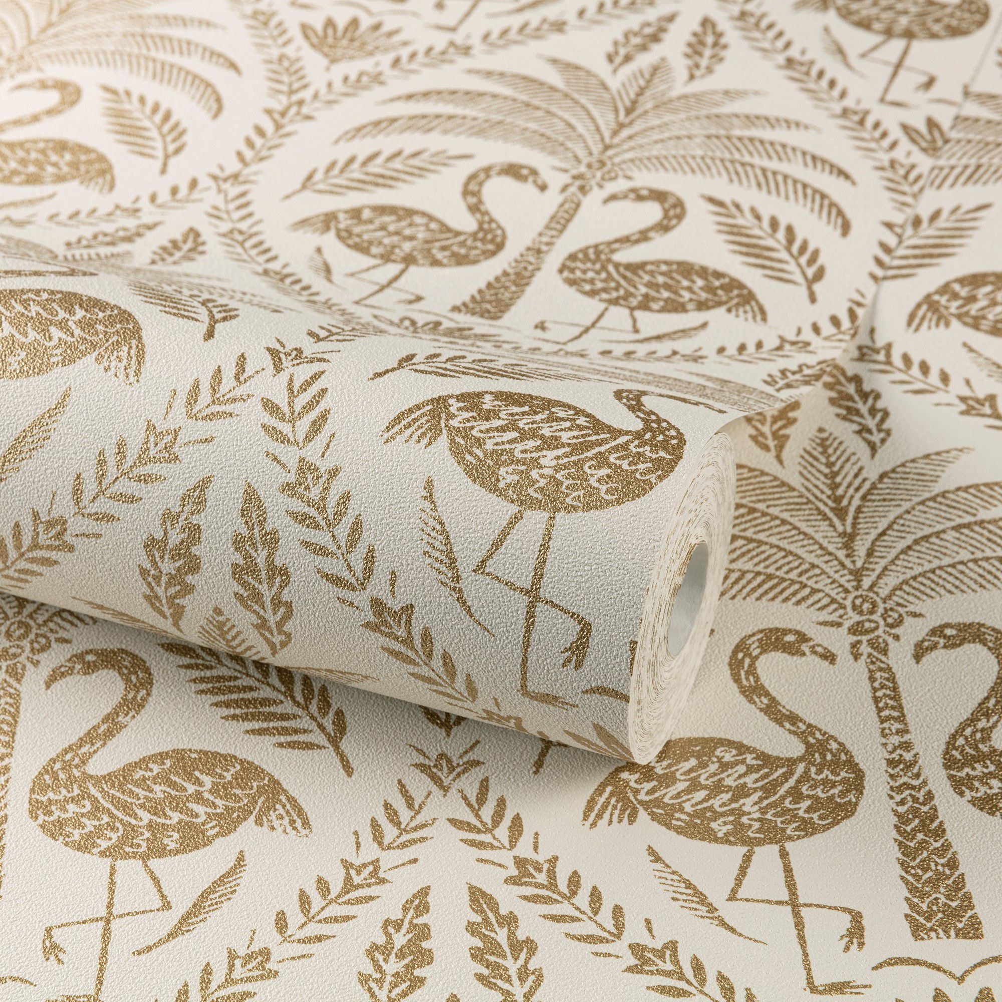 Grandeco Beige Metallic effect Flamingo Embossed Wallpaper