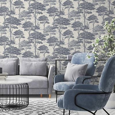 Grandeco Blue Etched tree Embossed Wallpaper
