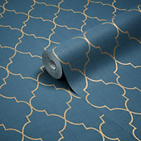 Grandeco Deco trellis Navy Geometric Metallic effect Embossed Wallpaper
