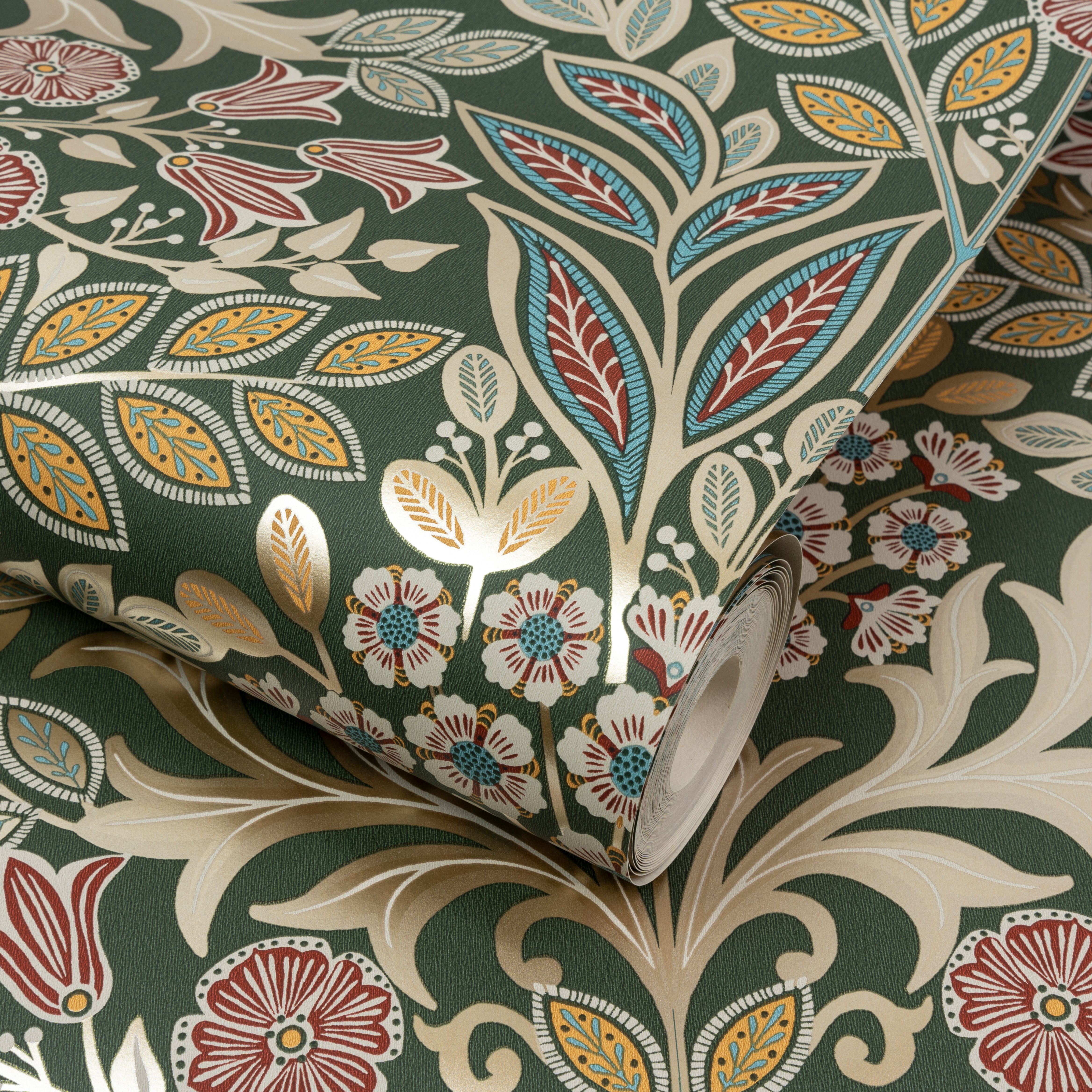 Grandeco Green Belvedere Floral Damask Metallic effect Classic Smooth Wallpaper