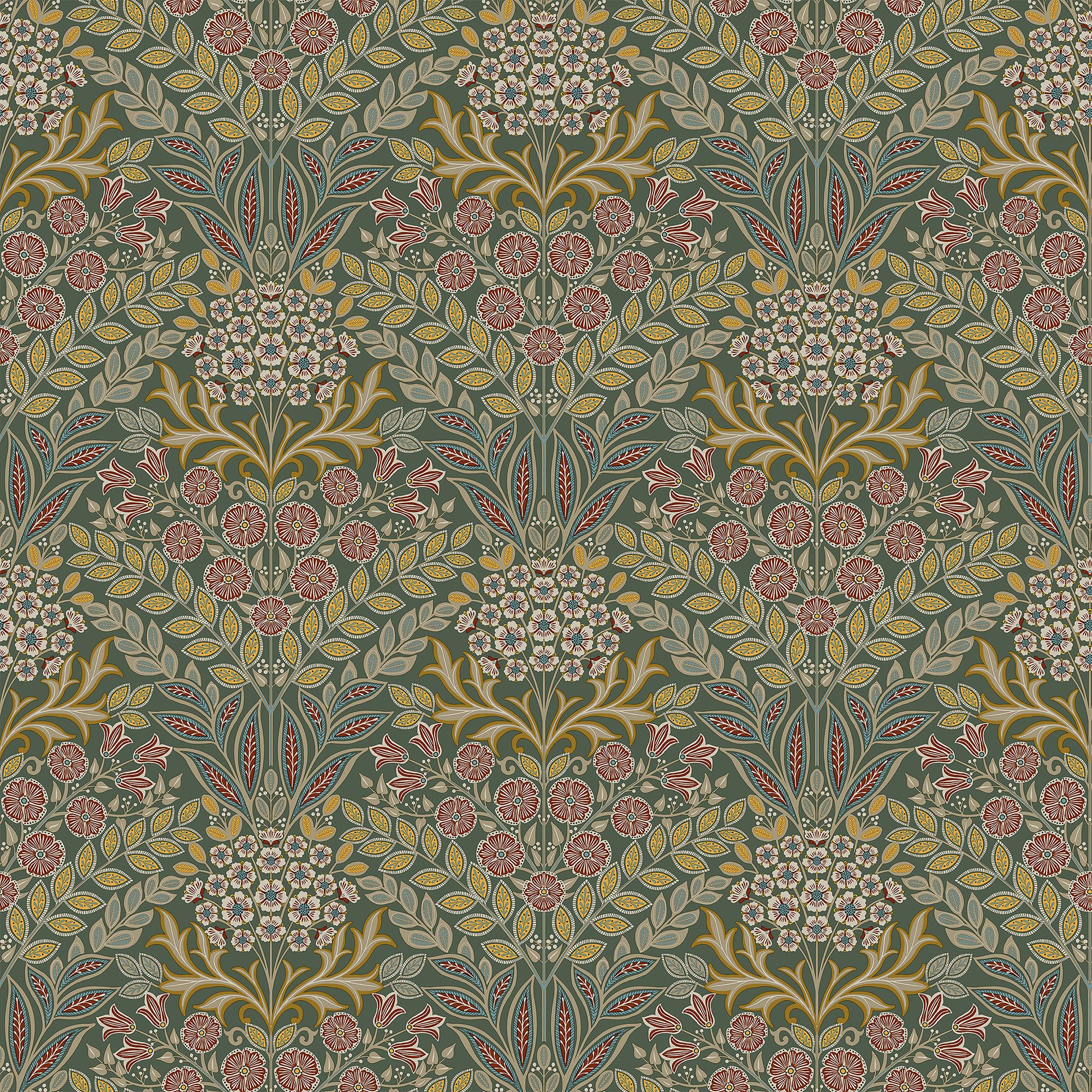 Grandeco Green Belvedere Floral Damask Metallic effect Classic Smooth Wallpaper