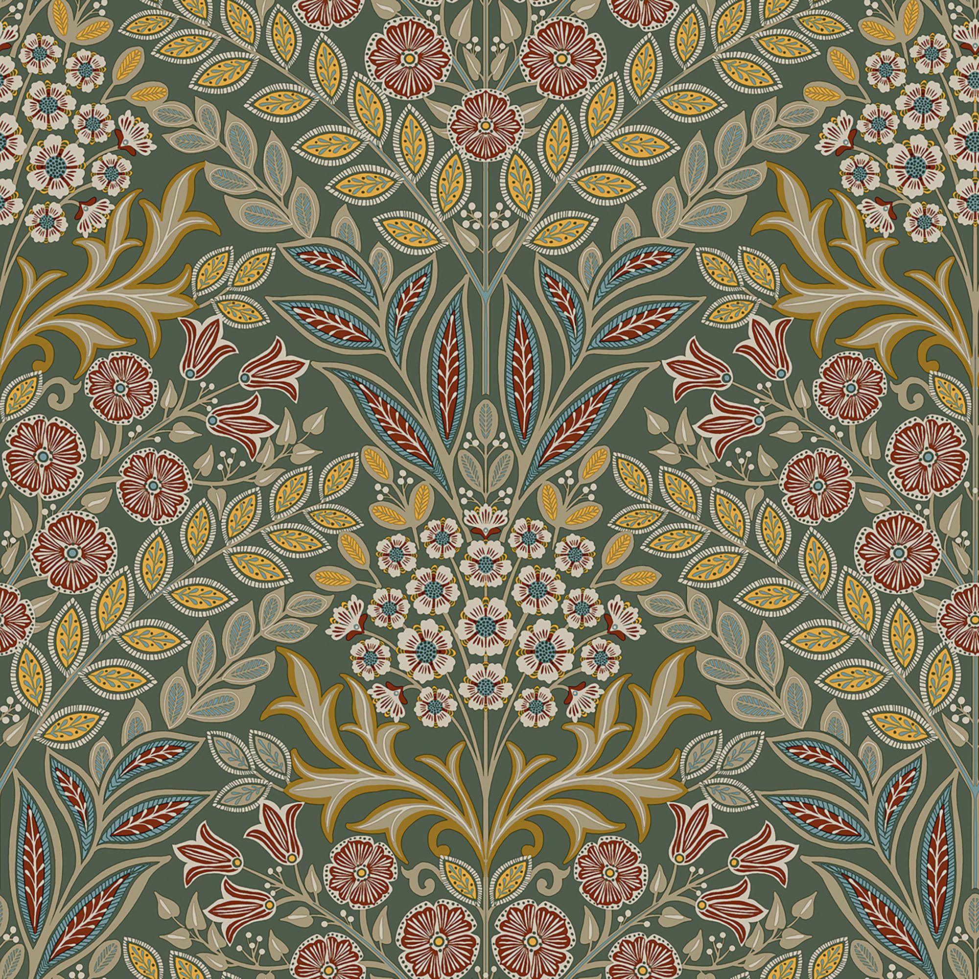Grandeco Green Belvedere Floral Damask Metallic effect Classic Smooth Wallpaper