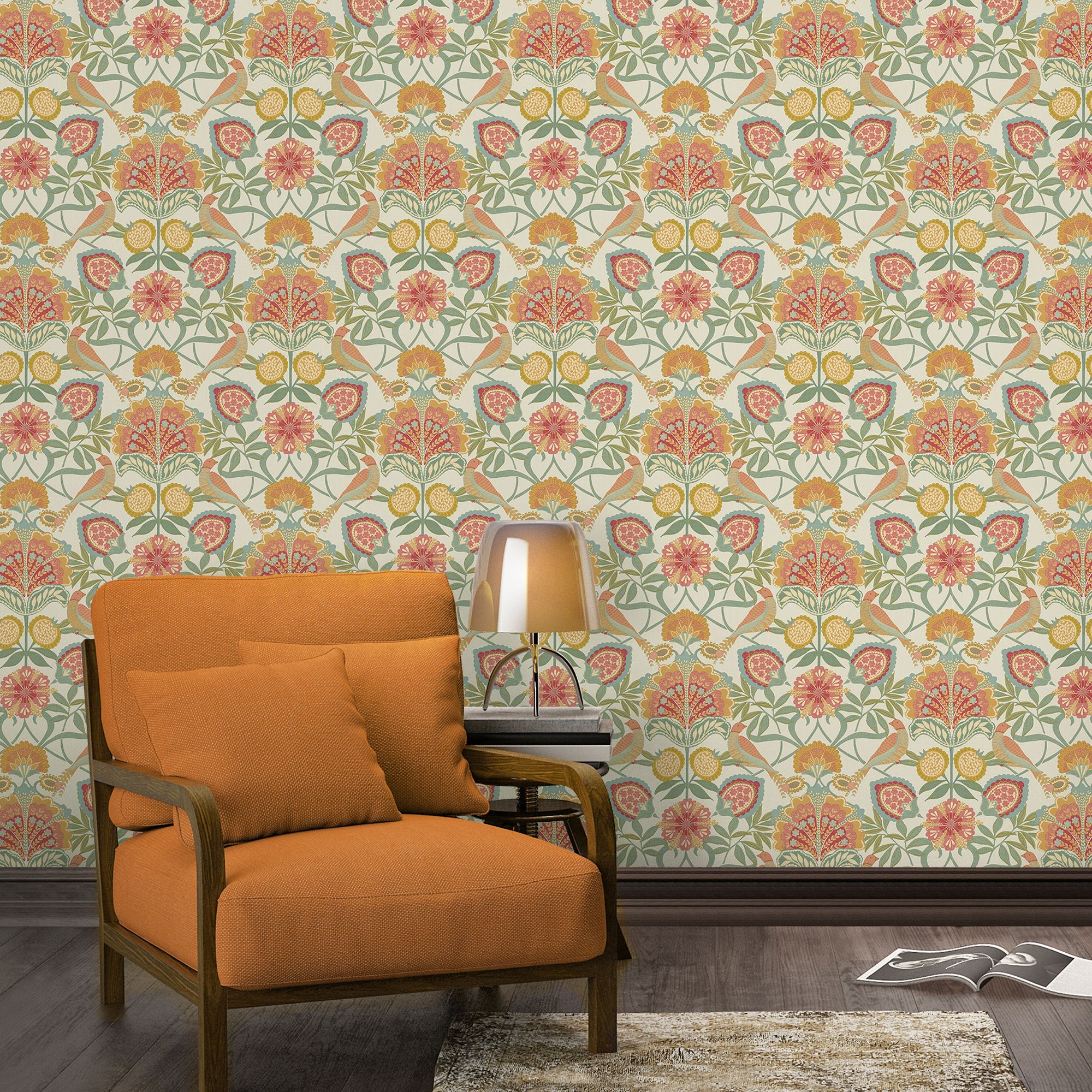 Grandeco Multicoloured Persian Garden Fabric effect Patterned Embossed Wallpaper