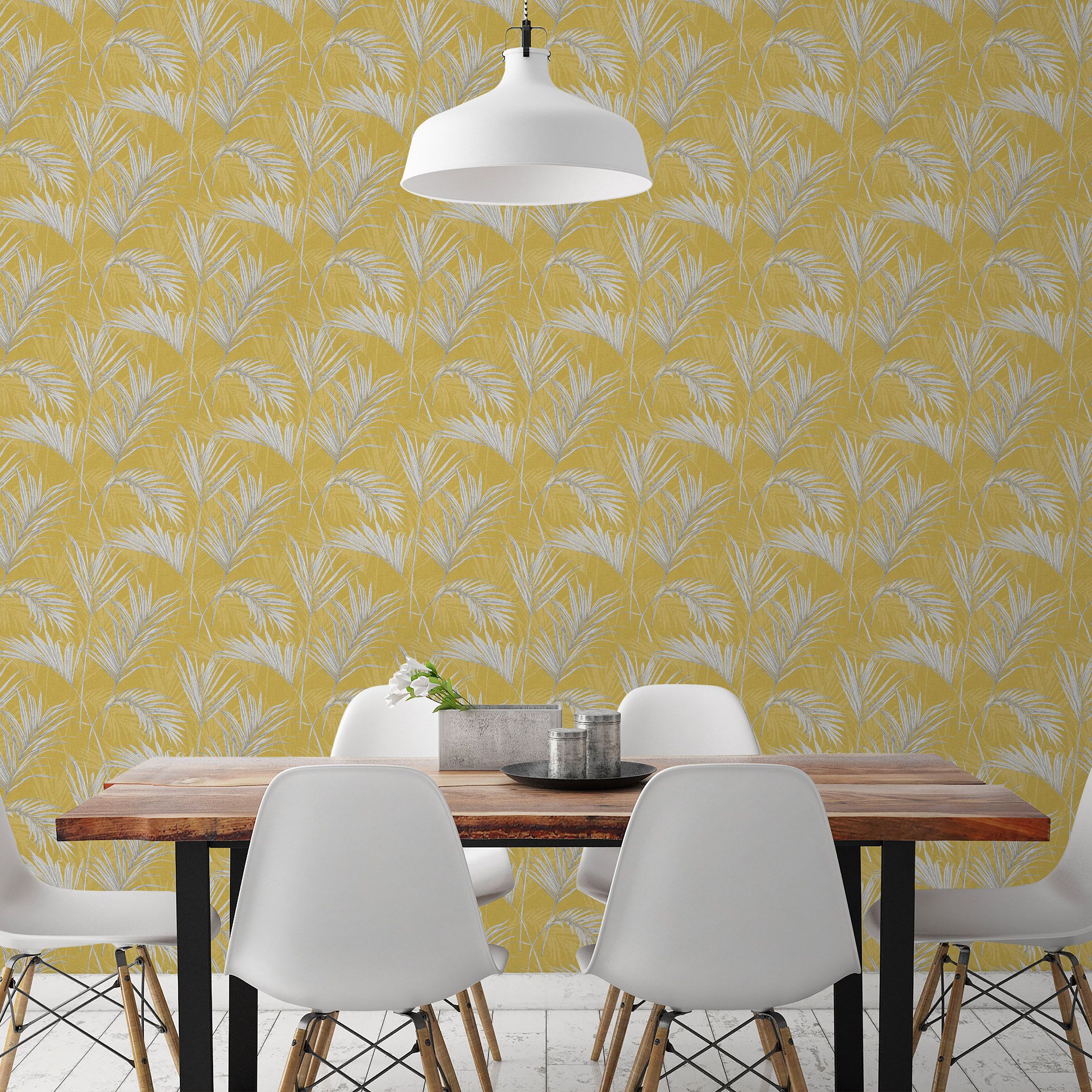 Grandeco Palm springs Grey & yellow Leaf Woven effect Embossed Wallpaper Sample