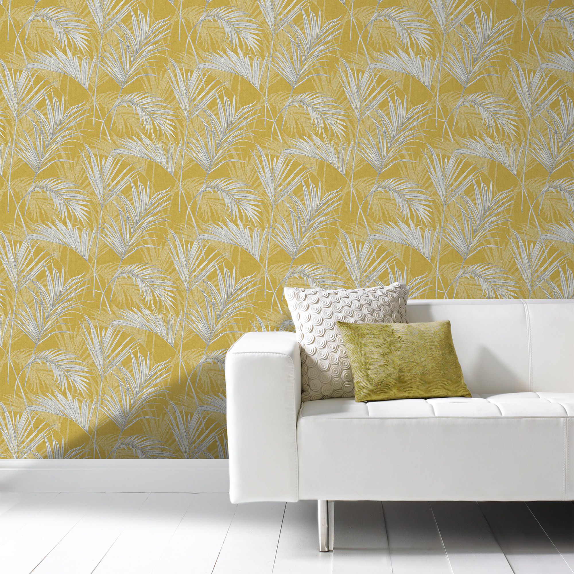 Grandeco Palm springs Grey & yellow Leaf Woven effect Embossed Wallpaper Sample