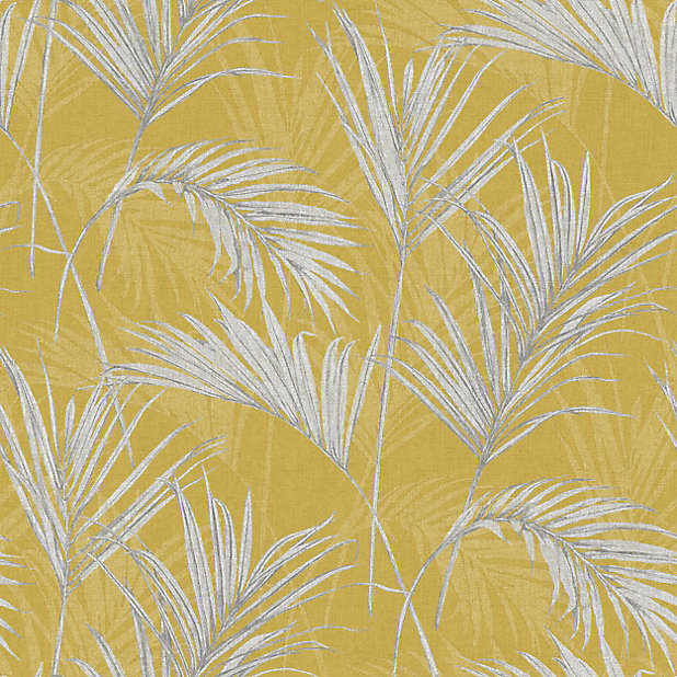Grandeco Palm Springs Grey Yellow Leaf Woven Effect Embossed Wallpaper Diy At B Q - Palm Leaf Wallpaper B Q