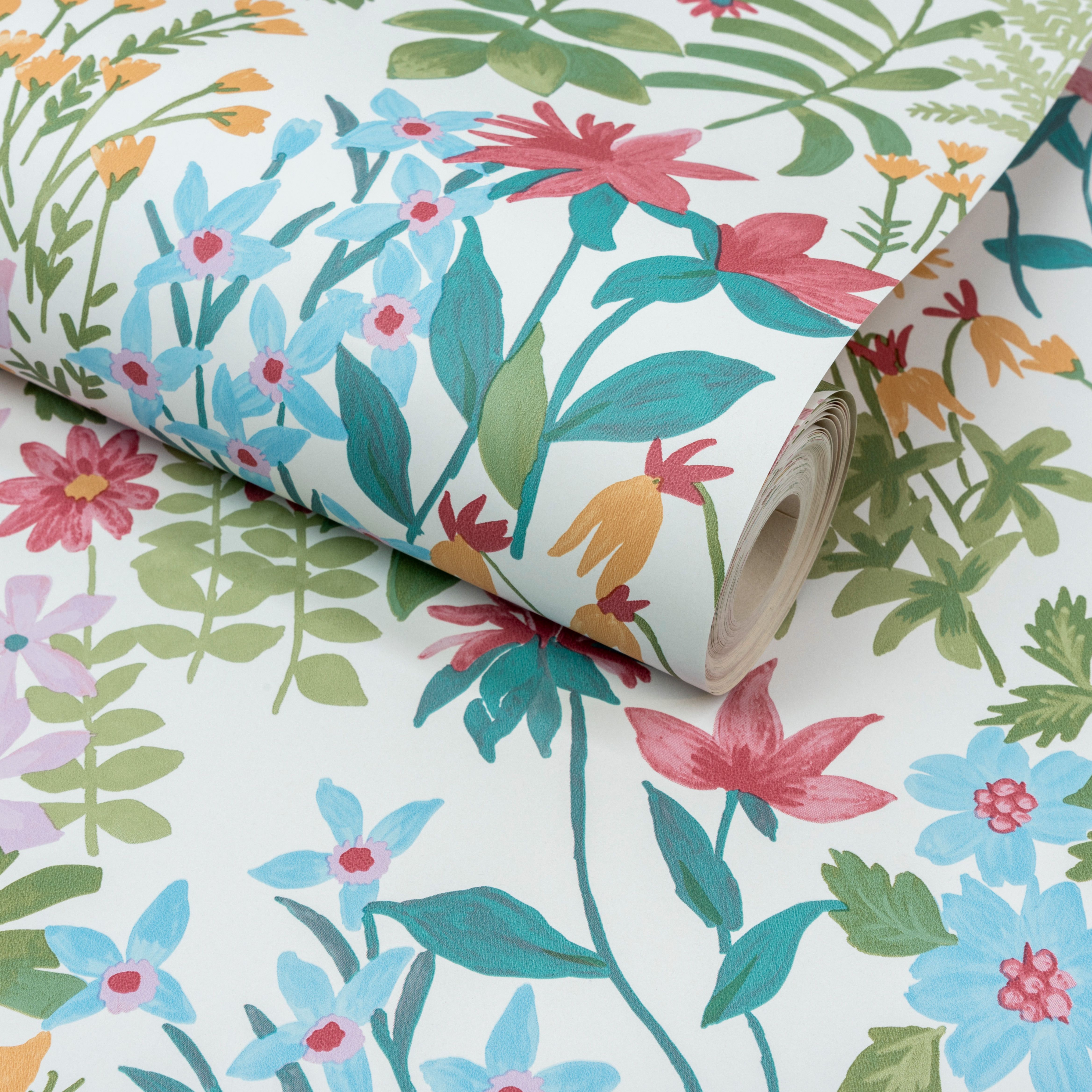 Grandeco Pink, Blue & Green Agnala Floral Contemporary Smooth Wallpaper
