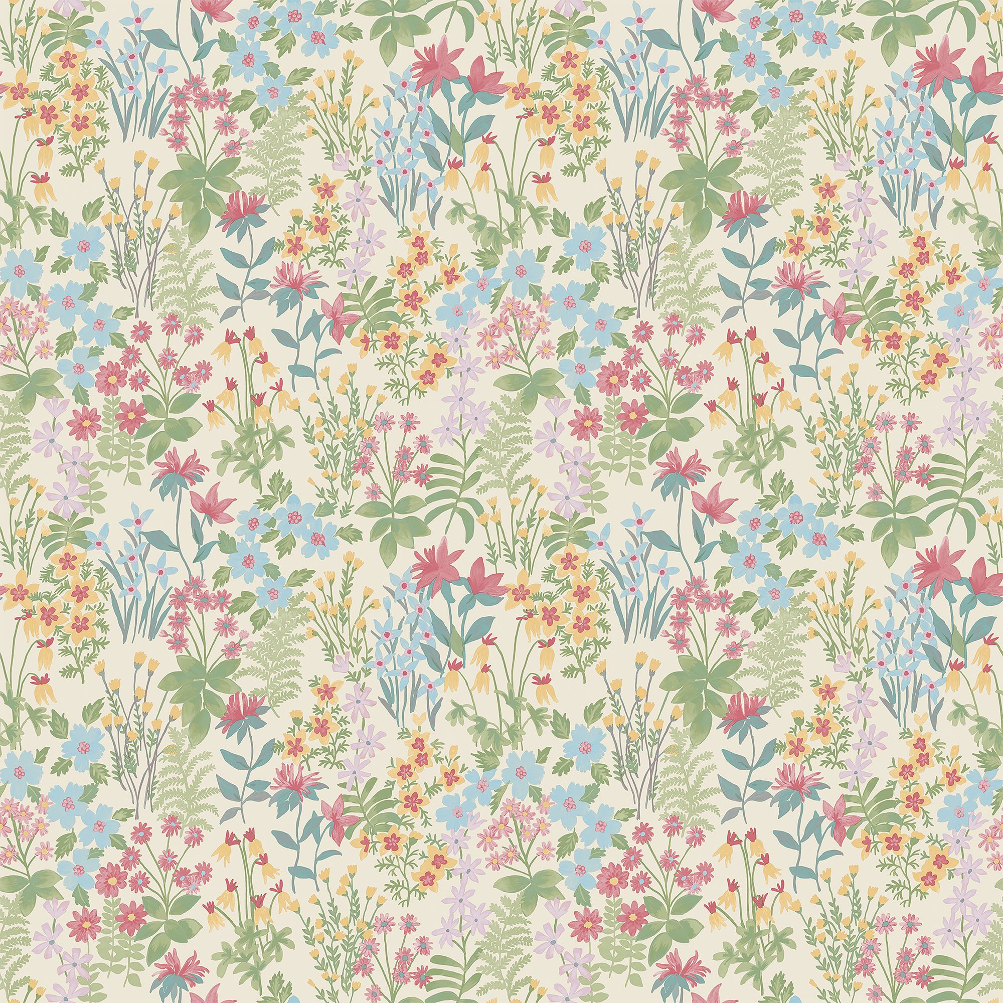 Grandeco Pink, Blue & Green Agnala Floral Contemporary Smooth Wallpaper