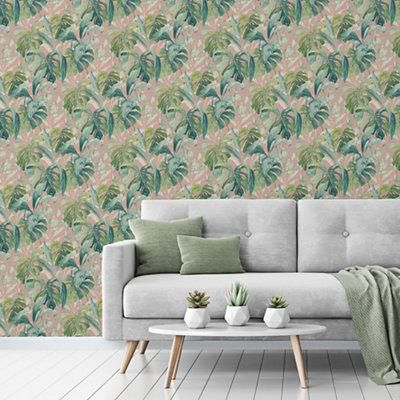 Grandeco Pink Palm Leaves Embossed Wallpaper Sample