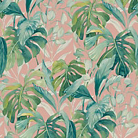 Grandeco Pink Palm Leaves Embossed Wallpaper