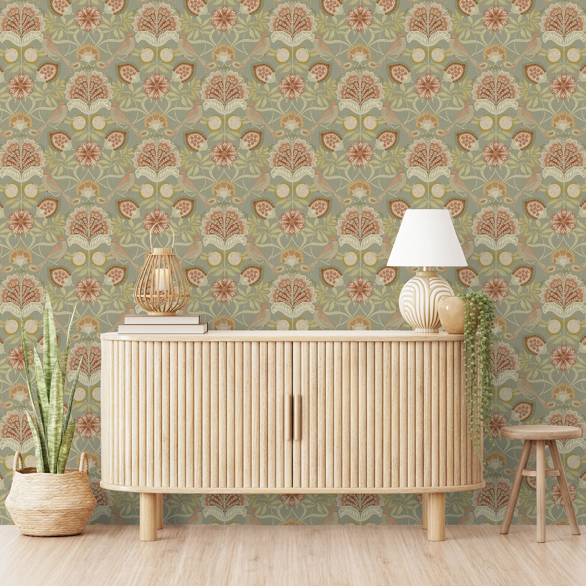 Grandeco Sage Persian Garden Fabric effect Patterned Embossed Wallpaper