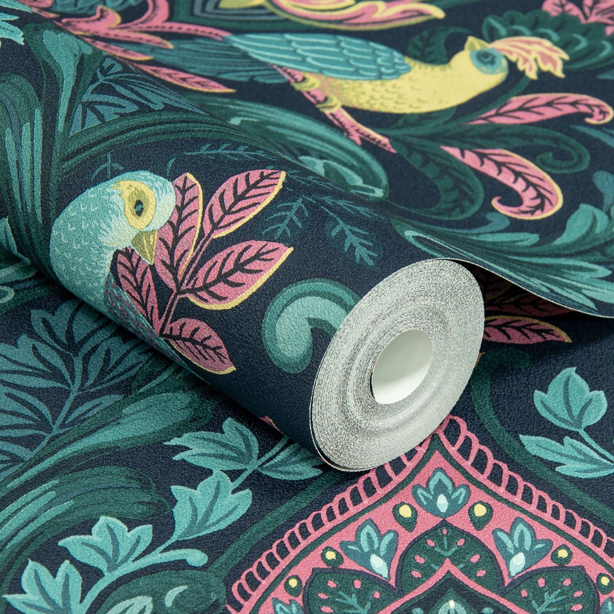 Grandeco Statement Peacock damask Navy Embossed Wallpaper DIY at B&Q