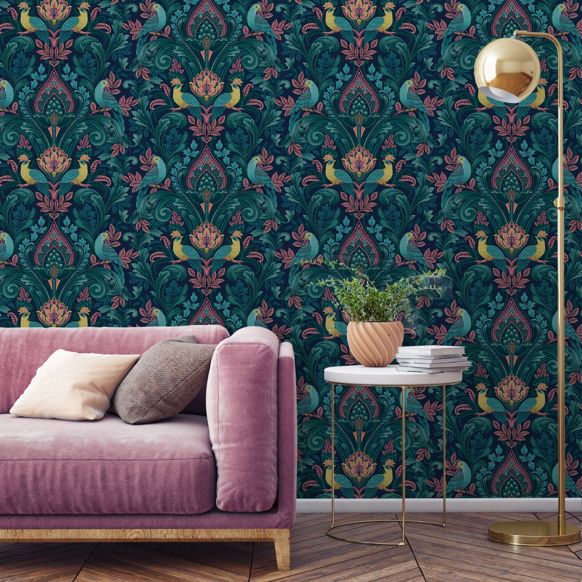 Peacock Damask Textured Vinyl Wallpaper Navy / Pink
