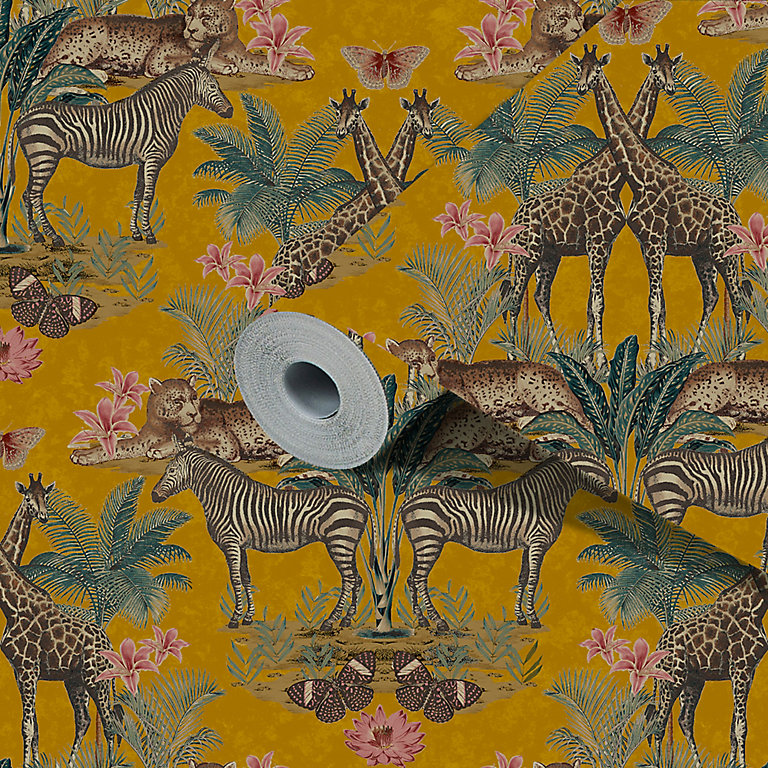 Grandeco Yellow Animal Smooth Wallpaper | DIY at B&Q