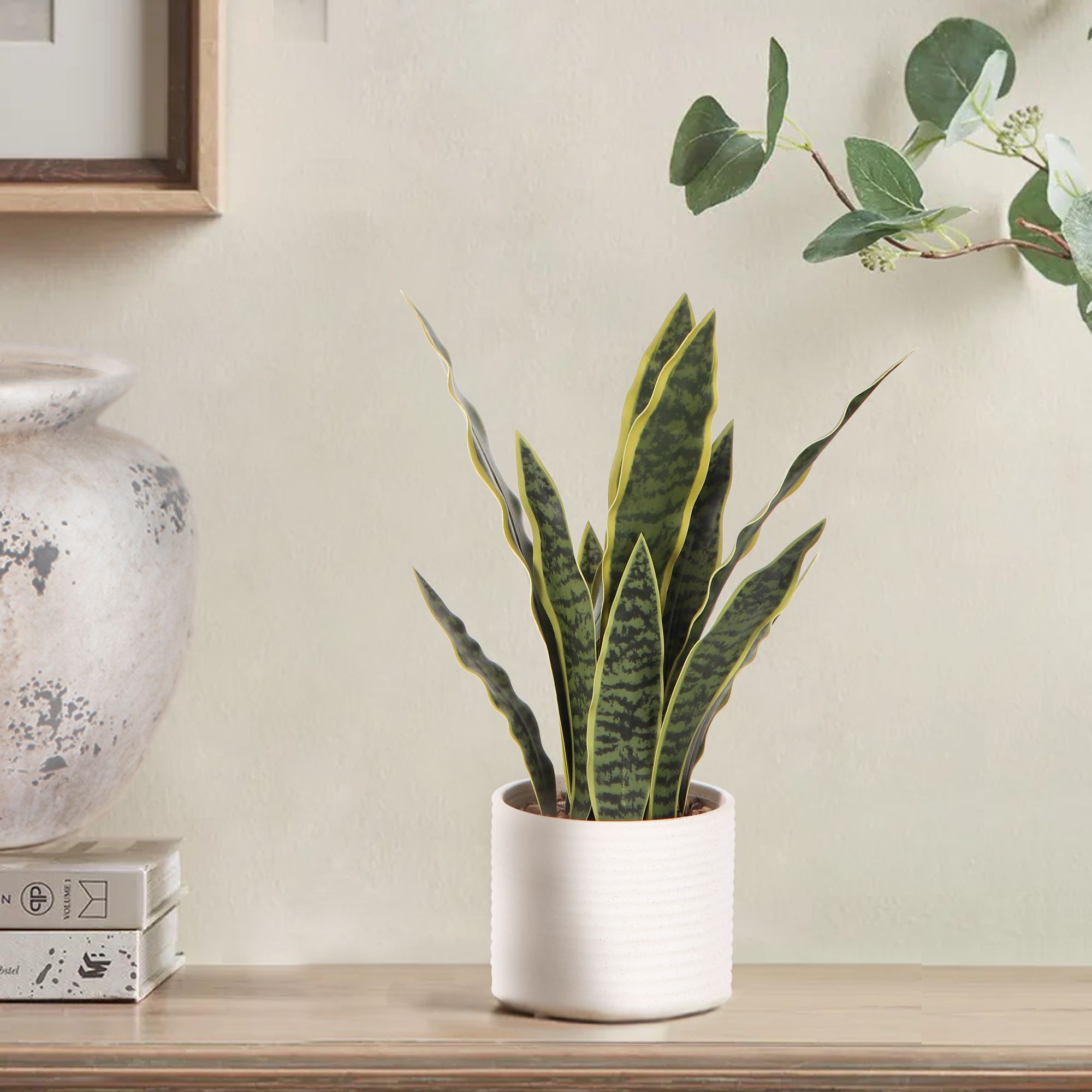 Green 45cm Snake Artificial plant in Cream Ceramic Pot