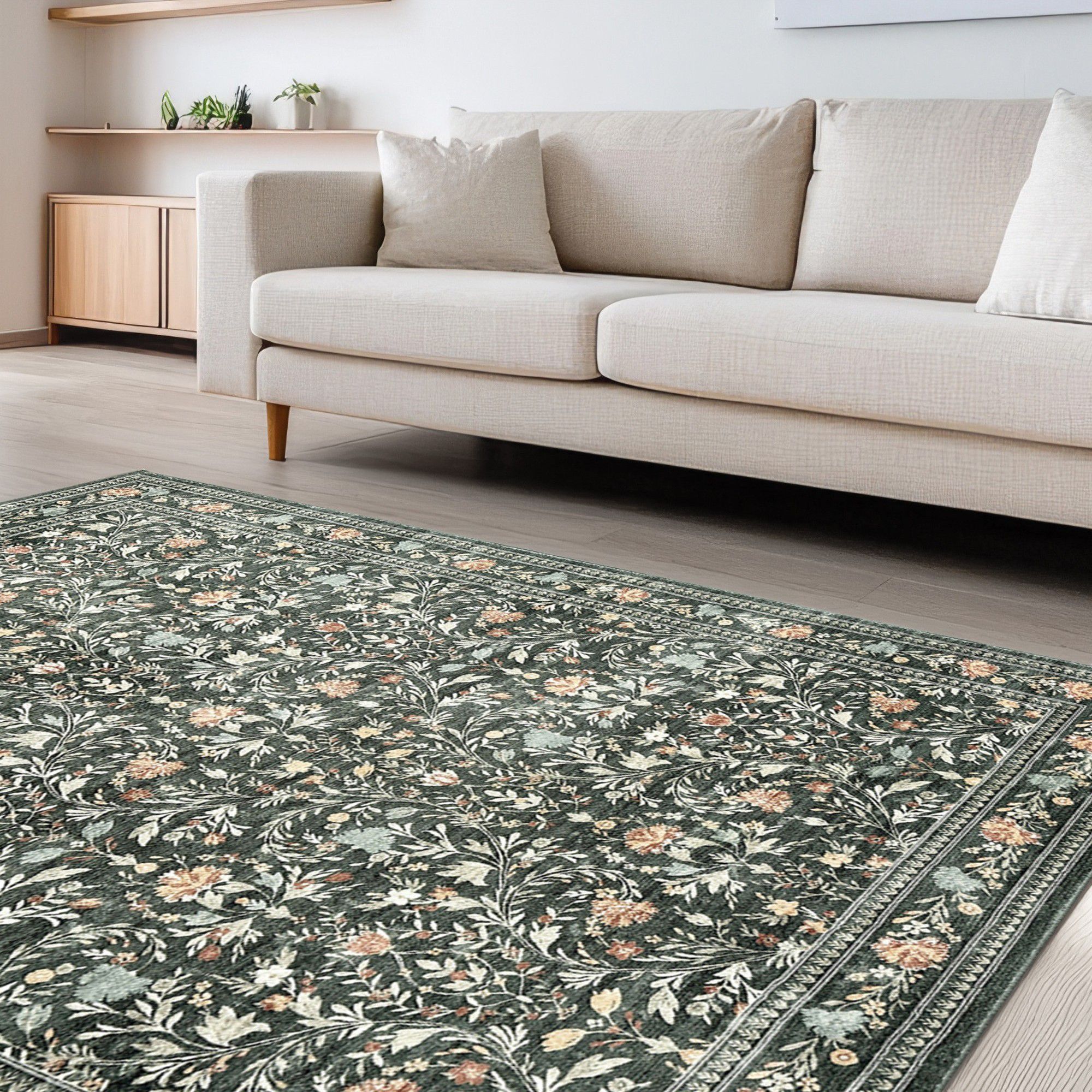 Green Floral Medium Rug, (L)170cm x (W)120cm