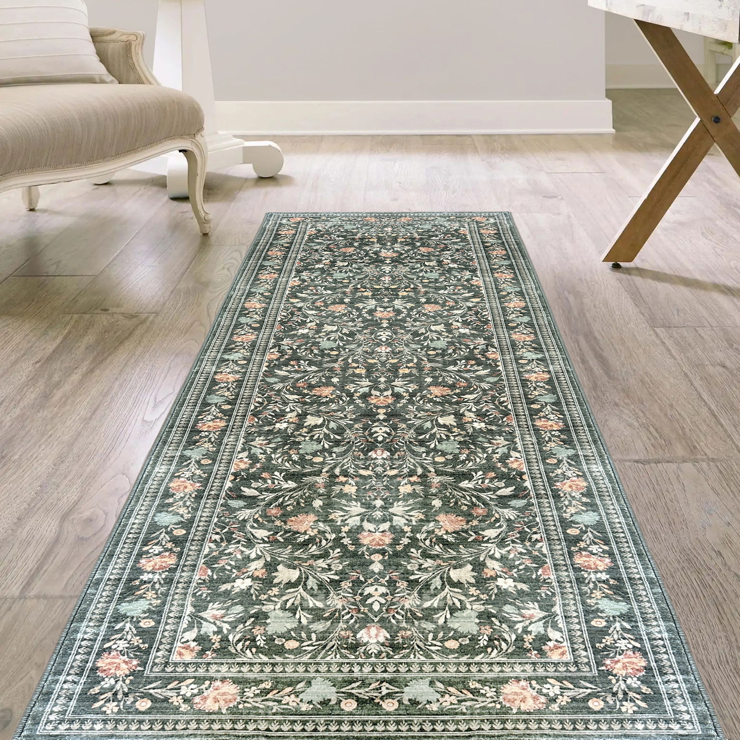 Green Floral Medium Runner, (L)180cm x (W)60cm