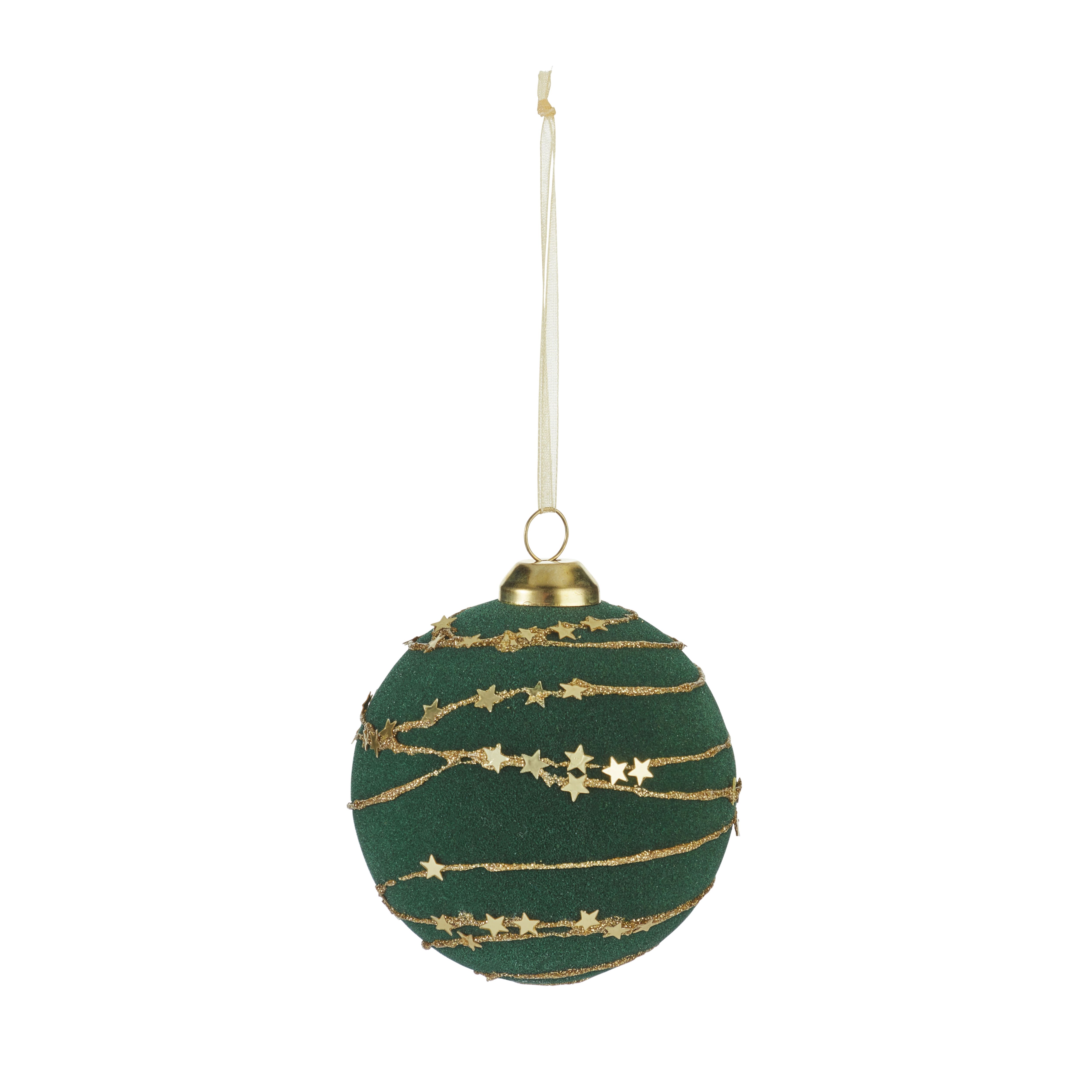 Green & Gold Flocked effect Plastic Striped Bauble