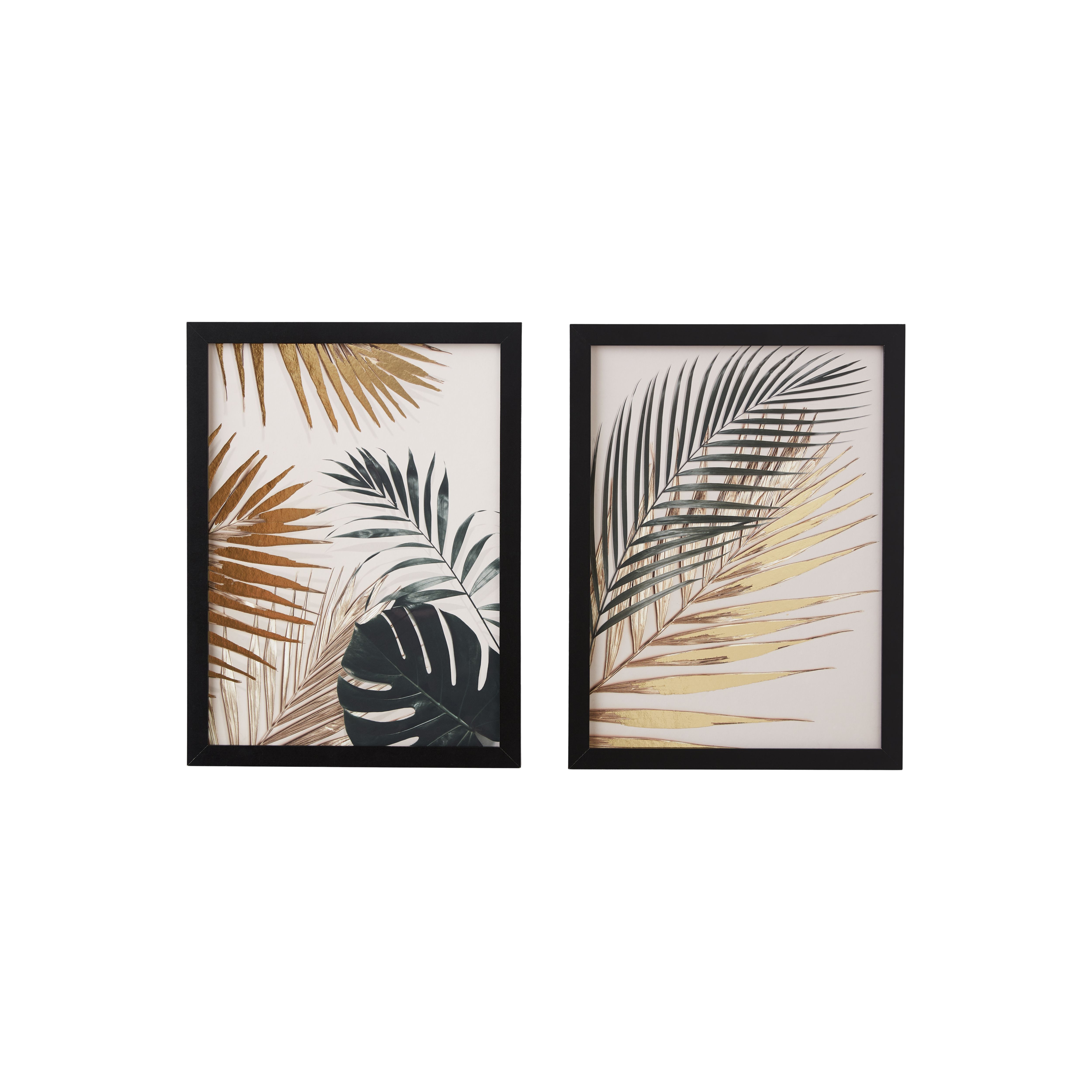 Green & Gold Foil Leaf Black & gold Framed print (H)40cm x (W)30cm, Pair of 2