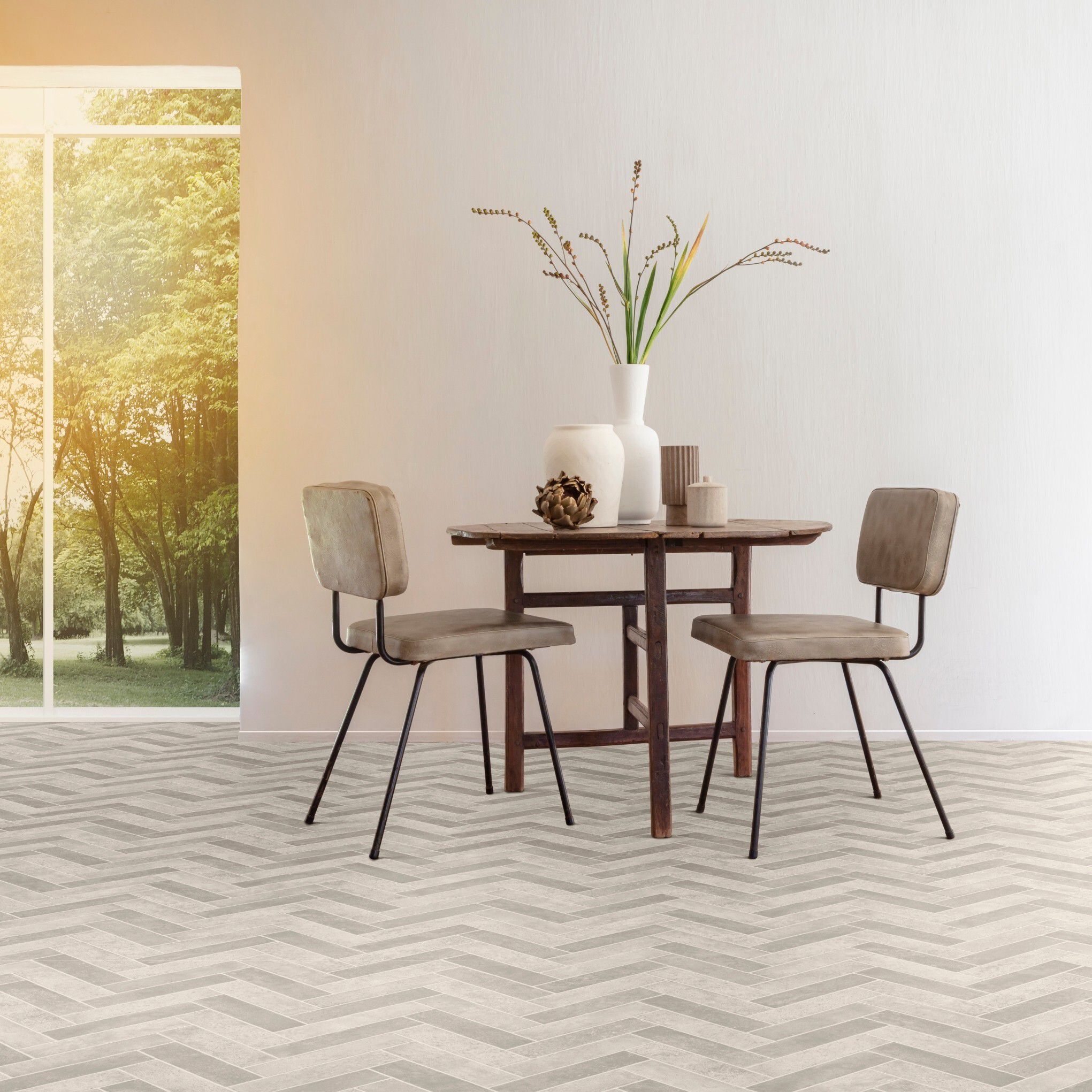 Grey Herringbone Wood effect Sheet vinyl flooring, 6m²
